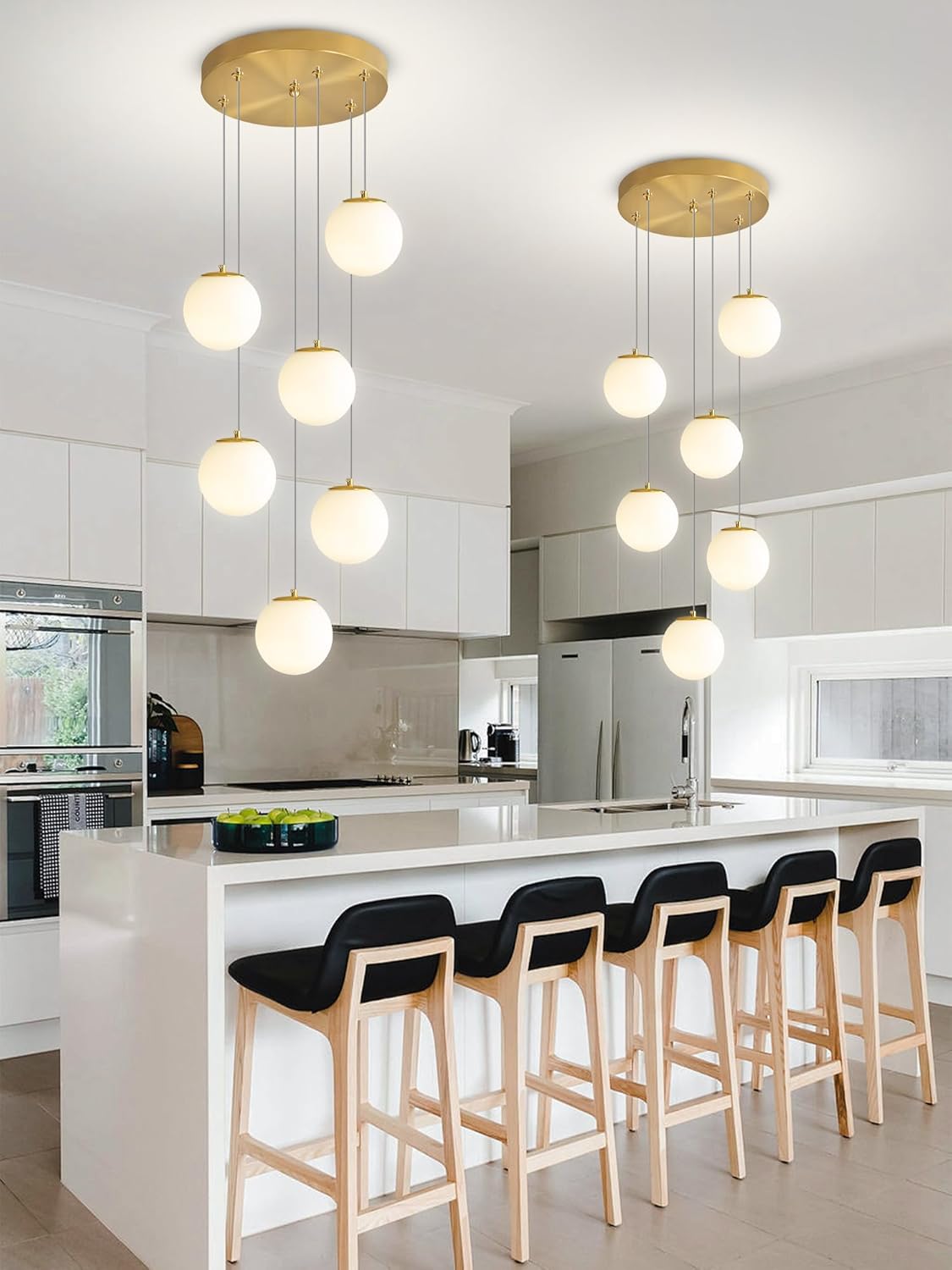 H 87in Globe Pendant Light 6-Lights Modern Hanging Chandelier for Kitchen Island Mid Century Globe Chandelier Milk White Glass Pendant Lighting for Living Room Bedroom Entryway