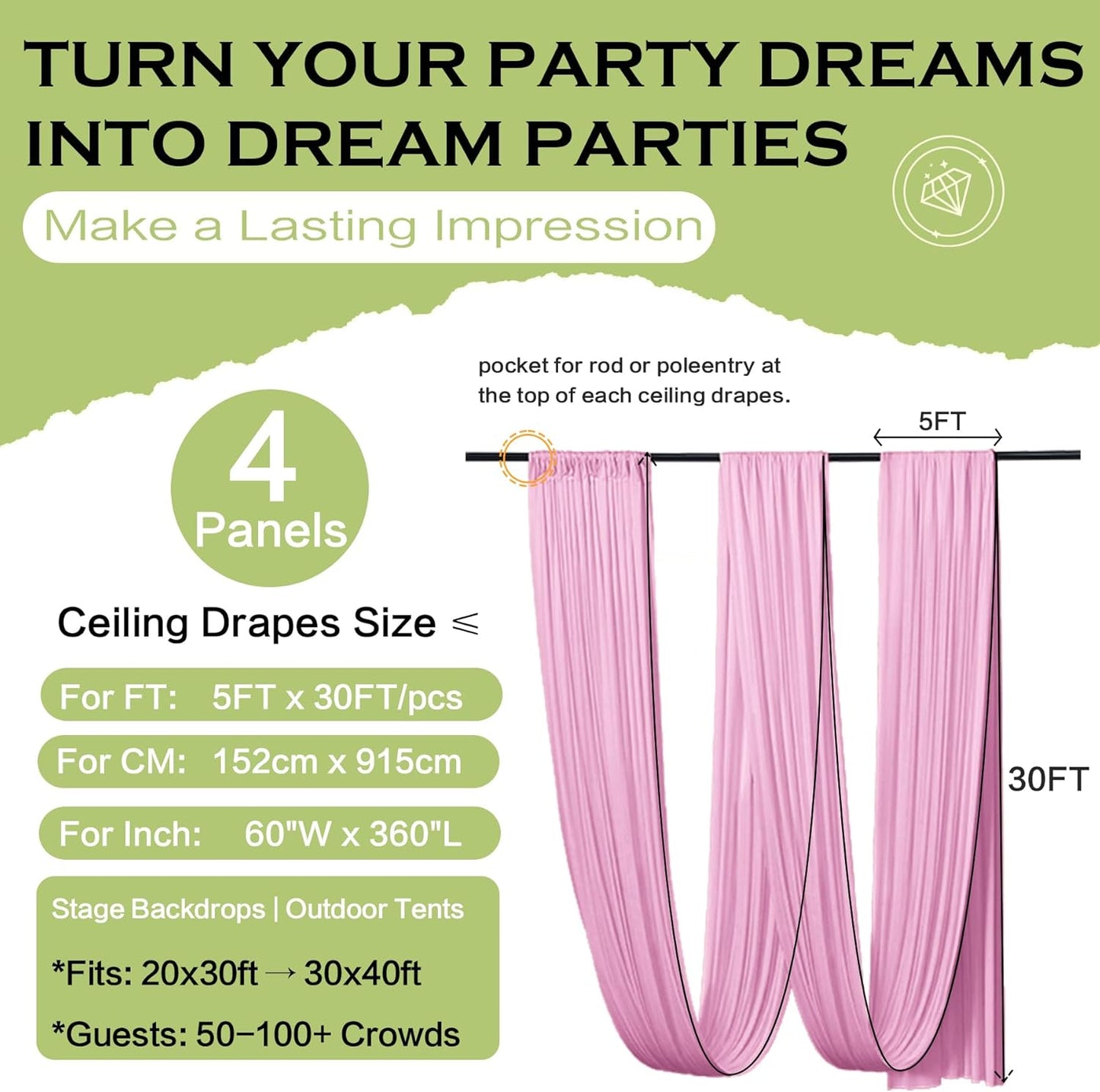PartyVillage 4 Panels 5ftx30ft Baby Pink Ceiling Drapes for Wedding Parties – 30 FT Extra Long Thick Polyester Wrinkle-Free Drapery Tent Decor Decorations for Birthday Party Ceremony Stage Swag