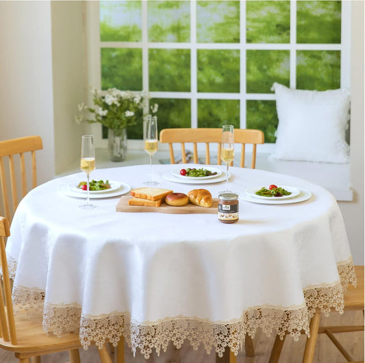 Beige lace Premium Round Farmhouse Tablecloth Waterproof OilProof SpillProof AntiShrink Soft Wrinkle Resistant Decorative Fabric Table Cover Kitchen Dinning Party Wedding Banquet