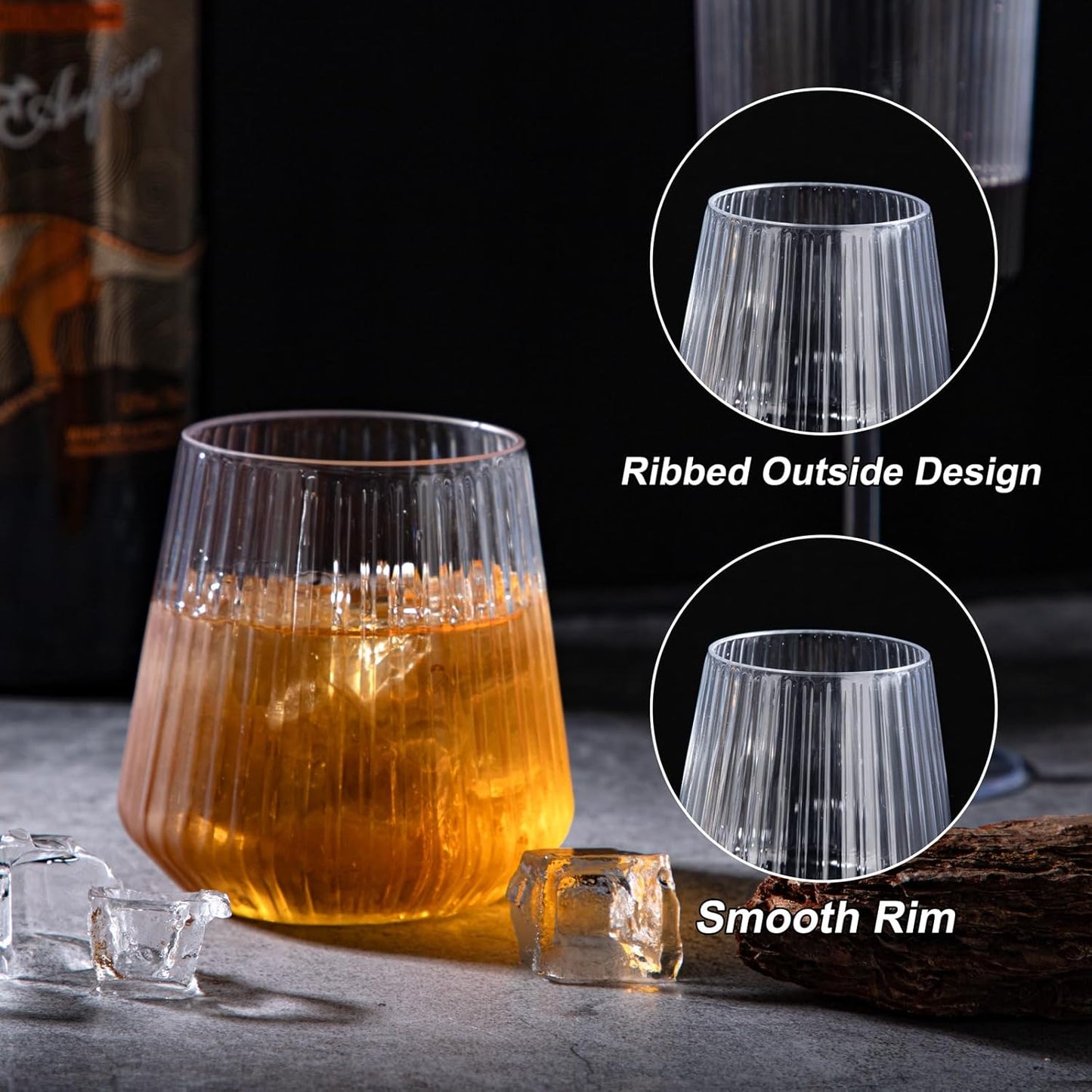 30 Pack Plastic Ribbed Wine Glasses, 14 OZ Origami Stemless Disposable Wine Champagne Whiskey Glasses Unbreakable Clear Plastic Cocktail Glasses, Reusable Wine Cups for Home Party Wedding Bar