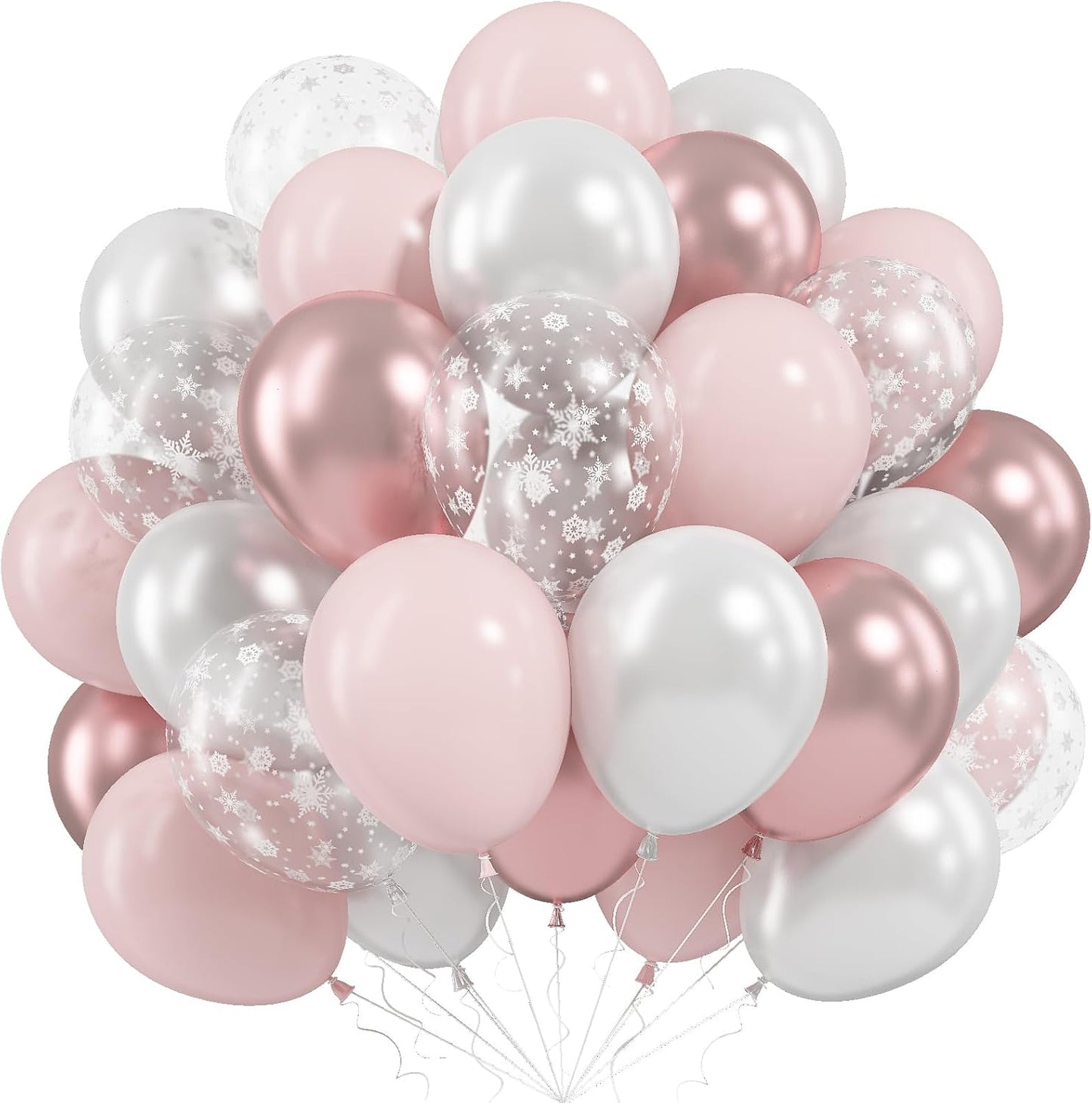 Pink Winter Wonderland Balloons, 50 Pcs 12 Inch Pearl White Balloons Pastel Metallic Pink Balloon for Girls Womem Winter Christmas Wonderland Birthday Baby Shower Ice Snow Princess Party Decorations