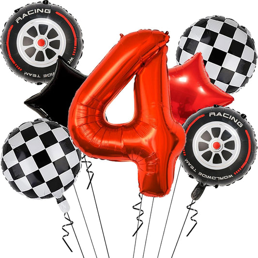 Race Car Birthday Decorations - 40 Inch Mylar Red Number 4 Balloons - Black Foil Checkered Race Car Balloons for 4st Birthday Race Cars Themed Party Decorations Supplies