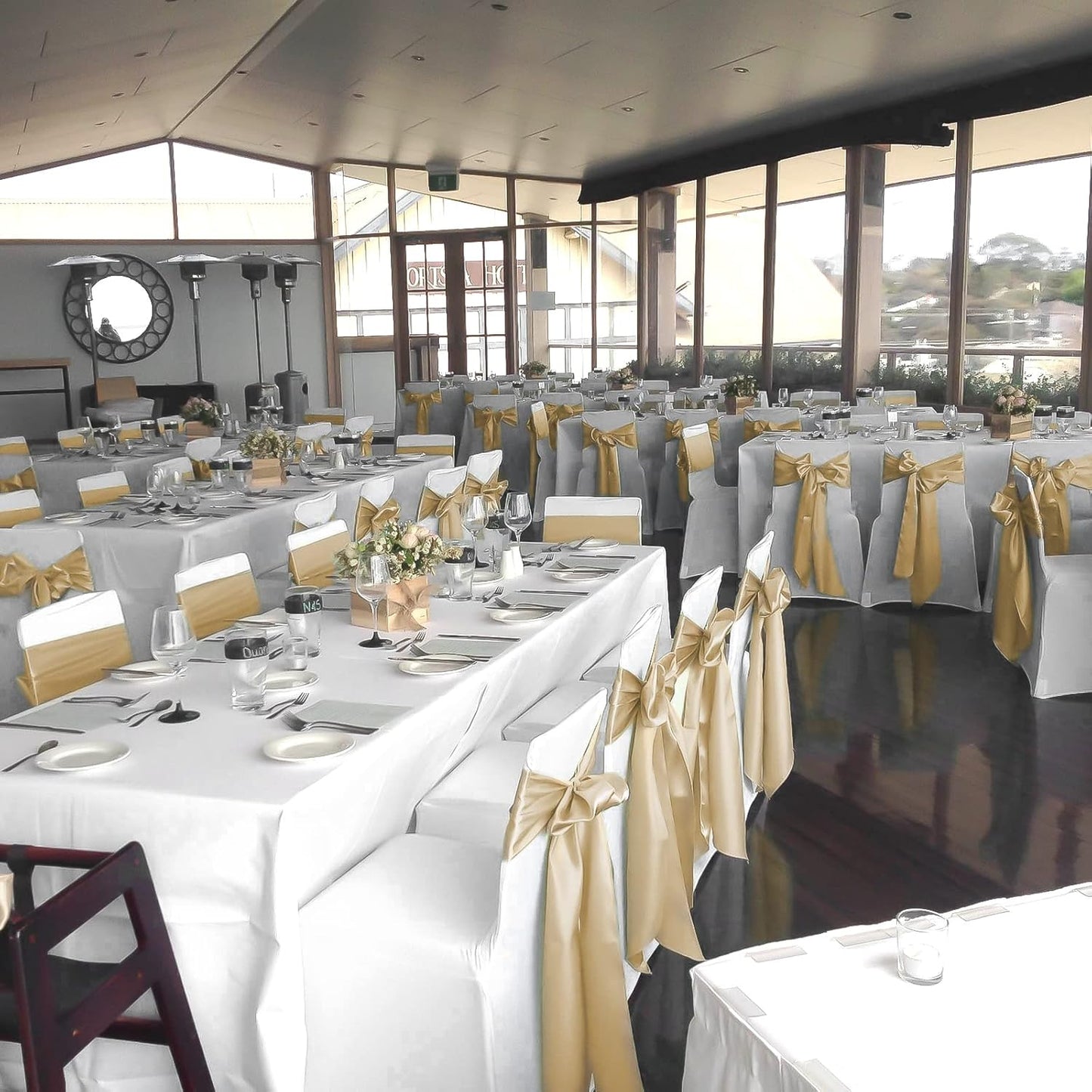 fani 60 PCS Champagne Satin Chair Sashes Bows Universal Chair Cover for Wedding Reception Restaurant Event Decoration Banquet,Party,Hotel Event Decorations (7 x 108 inch)