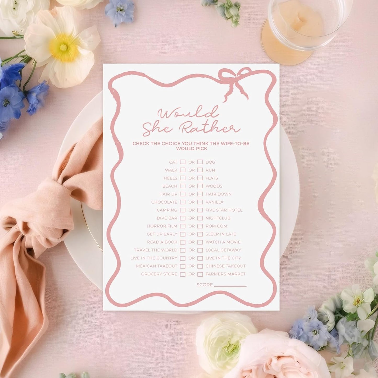 DEEKA 30 PCS Bridal Shower Games Card for 30 Guests White Pink Wavy Border Ribbon Bow Funny Wedding Bachelorette Party Games for Reception (Would She Rather)