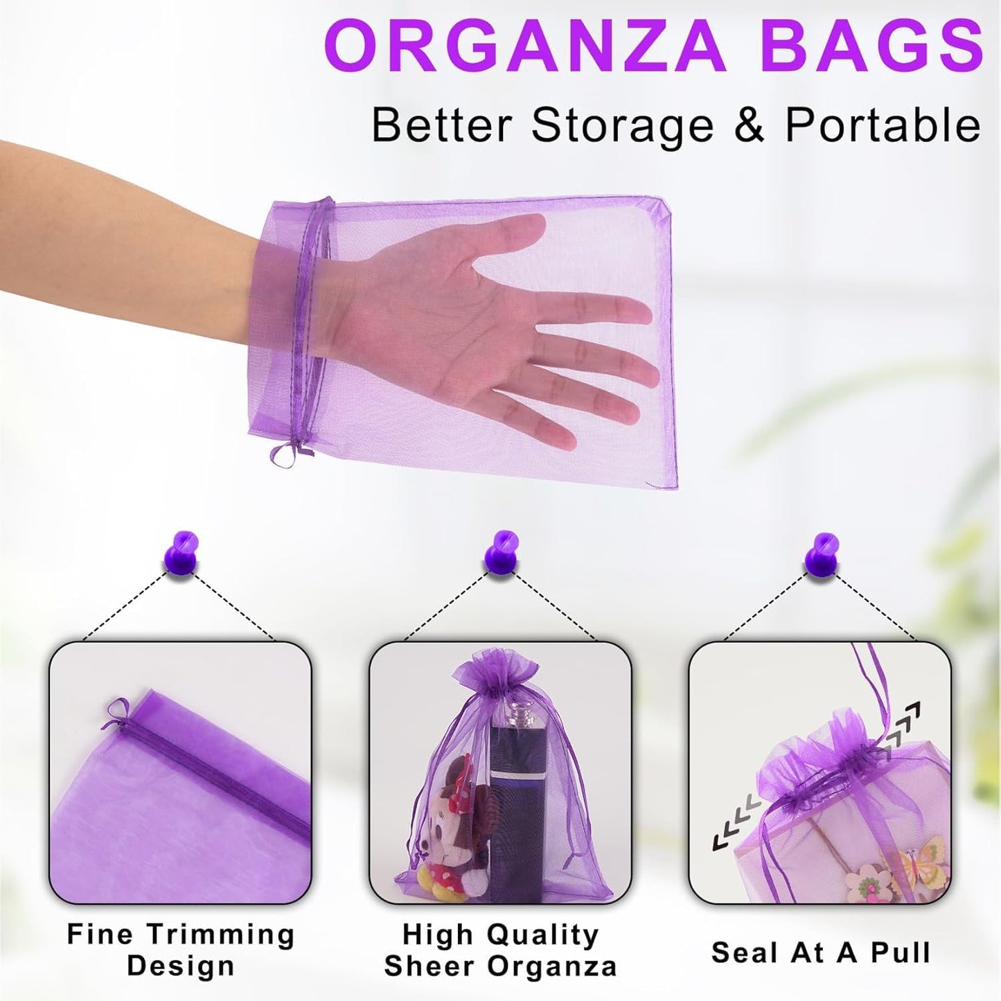 ANZNKU 100 Pack Premium Organza Bags 6x9 inches, Mesh Drawstring Bags for Halloween Gifts Sheer Organza Bag for Wedding Party Favor Christmas(Purple)