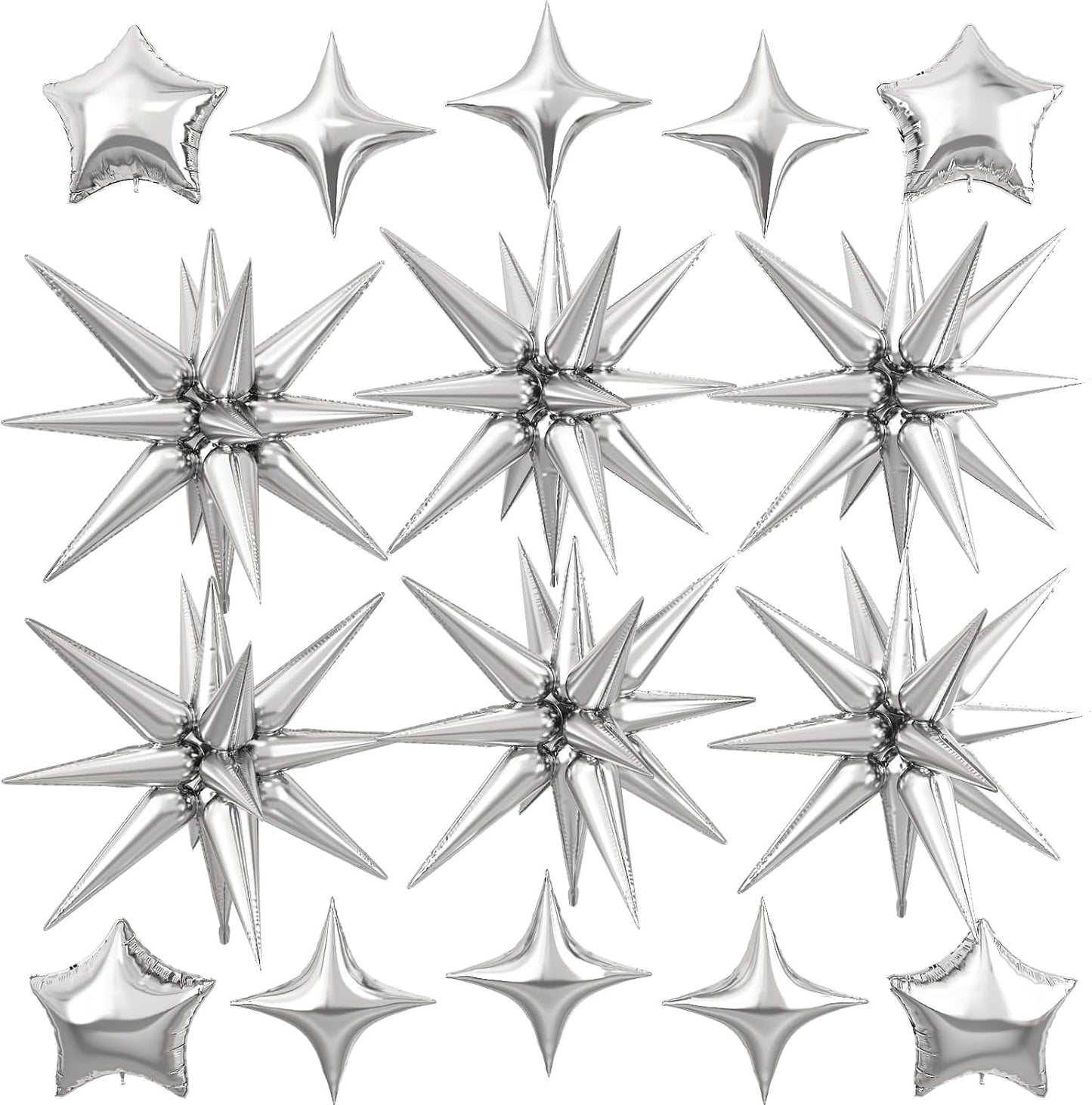 Silver Star Balloon,16Pcs Star Foil Balloons Set with 22Inch Explosion Spike Cone Balloons and 10Inch Quadrangle Helium Balloon for Birthday Wedding Baby Shower Party Decorations