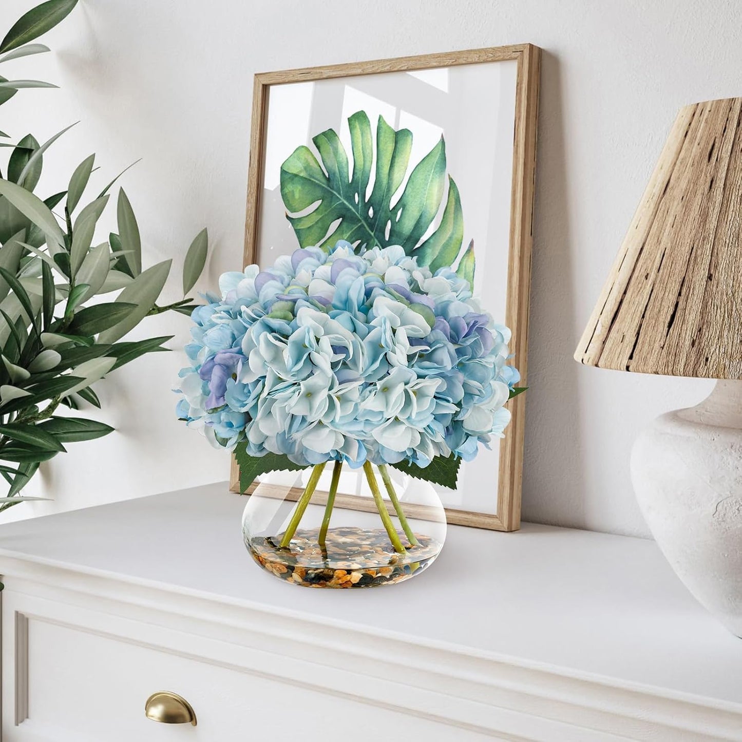N&T NIETING Artificial Hydrangea Flowers with Vase Blue Silk Fake Flowers Faux Hydrangea Flowers with Faux Water Riverstones for Home Office Table Room Wedding Centerpiece Decorations