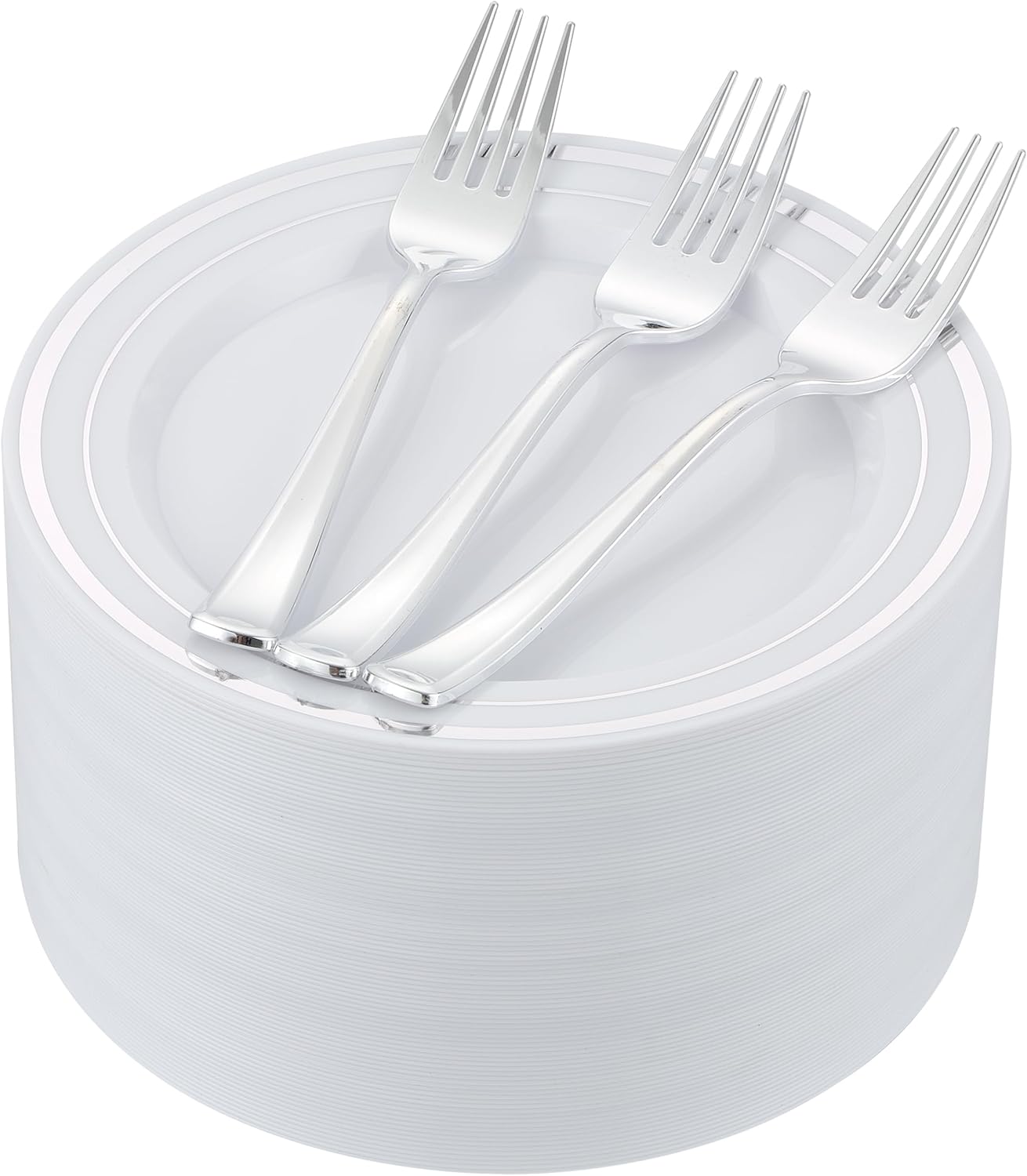 120pcs Silver Dessert Plates with Forks for 60 Guests-60pcs 7.5" Disposable Silver and White Small Plates with 60pcs 7.4" Forks-Cake/Appetizer/Salad Plate for Wedding,Birthday,Party
