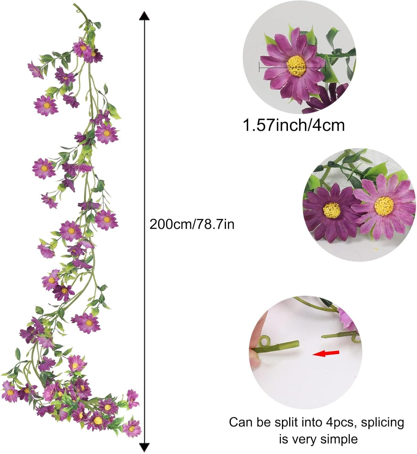 Purple Flower Garland Fake Vines Silk Artificial Daisy Purple Birthday Party Decorations Wisteria Flower Garland for Backdrop Bedroom Arch Wall Home Party Wedding Indoor Outdoor Cemetery Decor