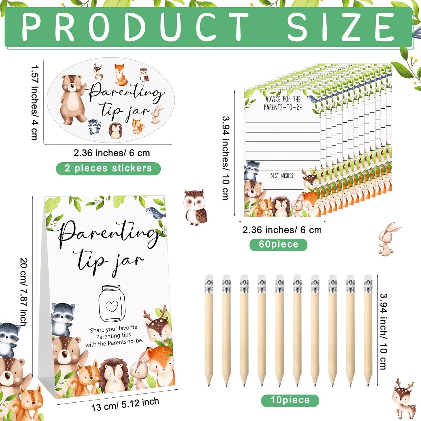 Roowest Baby Shower to Baby Advice Cards for New Parents to Be - Tip Jar Sign for New Parents 60 Parenting Advice Cards 10 HB Pencils 2 Cute Stickers 1 Pet Bottle for Guests Games(Woodland)