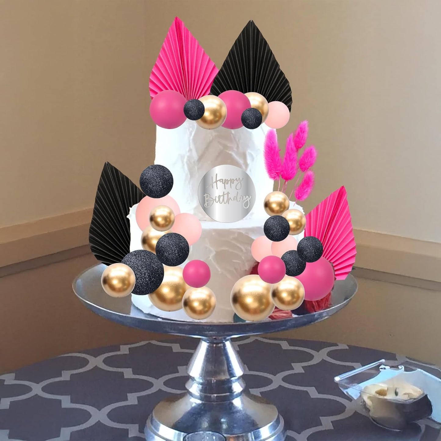 Ephlyn 33 Pack Balls Cake Toppers Boho Palm Leaves Cake Decorations Round Acrylic Happy Birthday Cupcake Toppers for Birthday Wedding Baby Shower Party Supplies Pink Black