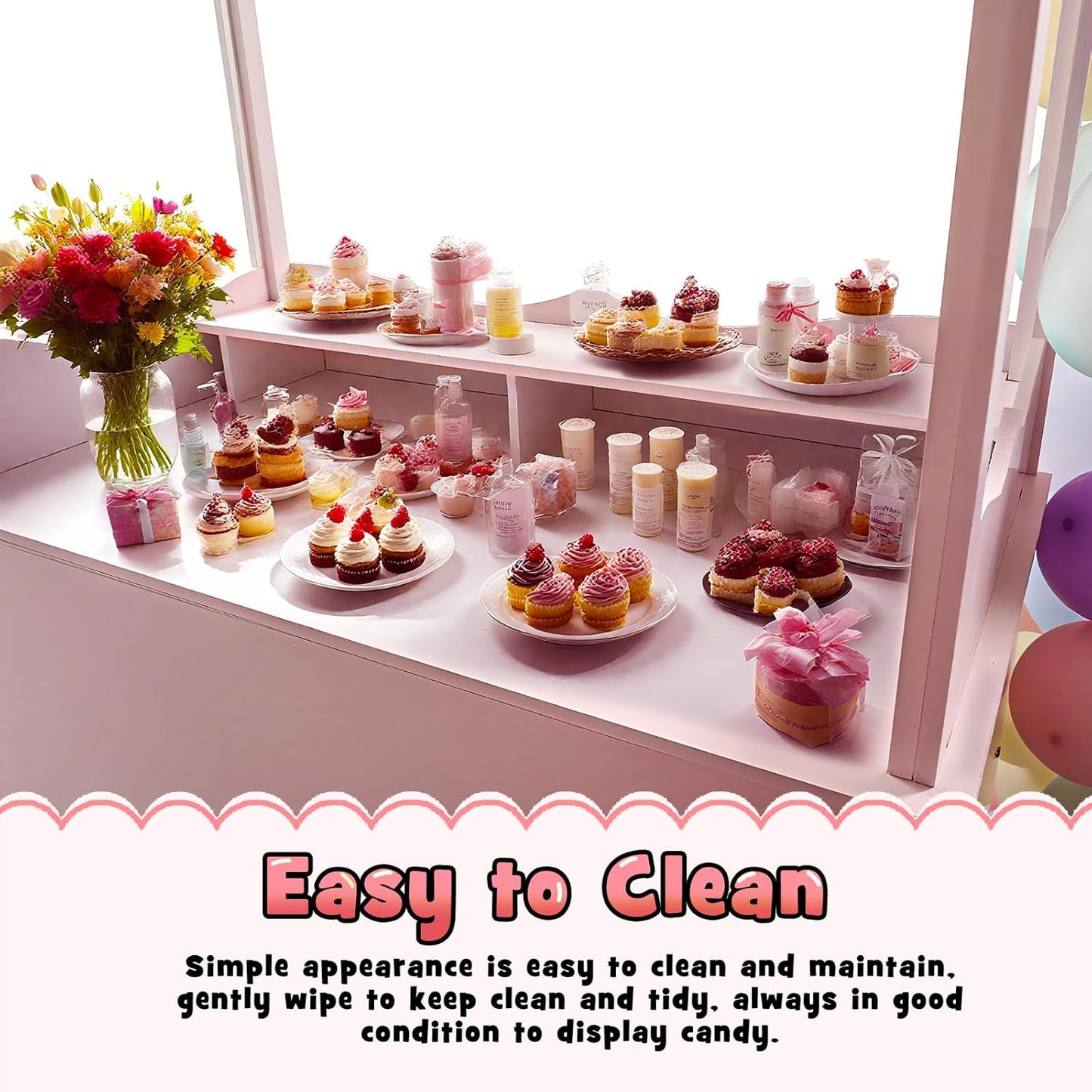 7FT Candy Cart Display Stand with Decorated Wheels, Dessert and Party Decoration Cart with 100 Ballons, Easy to Install Vintage for Parties, Birthdays, Weddings, (pink)