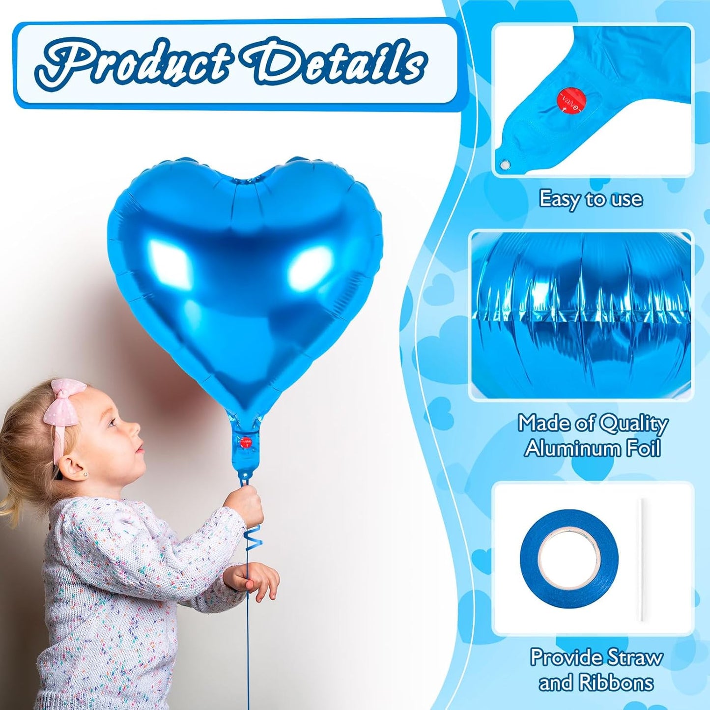 24 Pcs Blue Heart Foil Balloons, 18 Inch Love Shapes for Birthday, Wedding, Engagement, Baby Shower, Valentine's Day Decorations