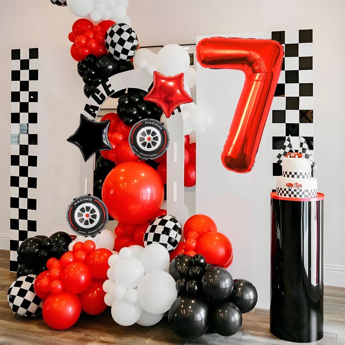 Race Car Birthday Party Decorations - 40 Inch Mylar Red Number 7 Balloons - Black Foil Checkered Race Car Balloons for 7st Birthday Race Cars Themed Party Decorations