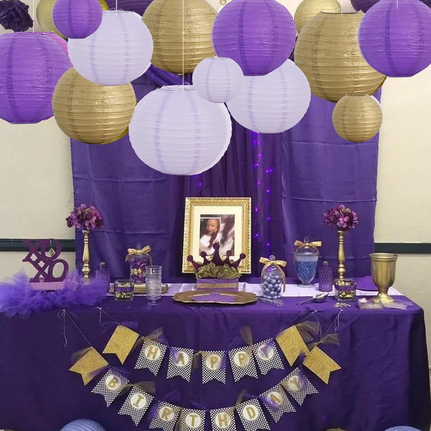 BEISHIDA 16 Pcs Purple Gold Paper Lanterns,Hanging Decorative Chinese Japanese Round Paper Lantern Lamp for Graduation Bachelorette Birthday Party Decoration