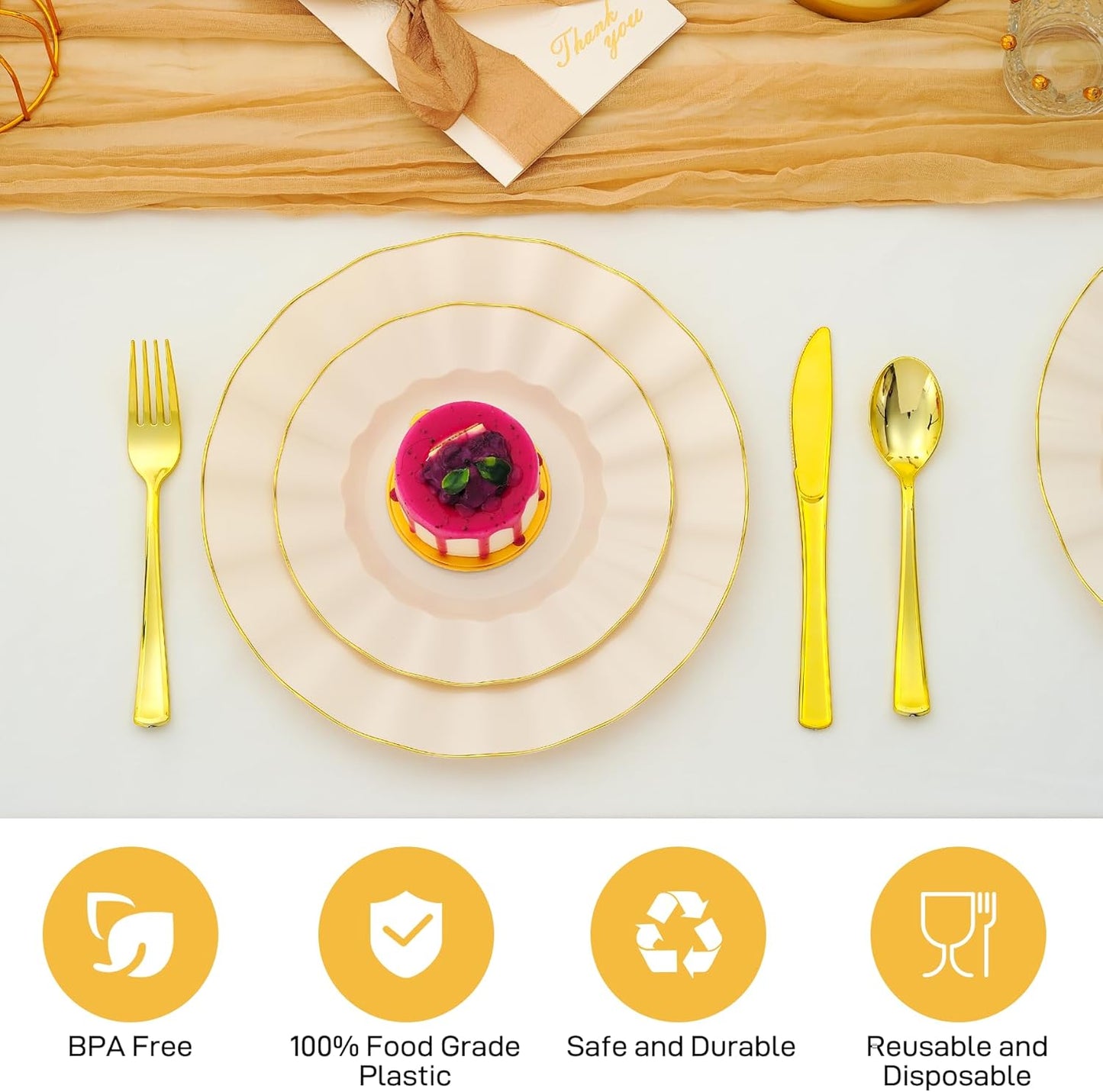 60Pcs Heavy Weight Ivory Plastic Plates with Gold Trim, Heavy Duty Wedding Plates, Elegant Disposable Plate Sets include 30 10" Dinner & 30 7" Dessert Plates for Party & Wedding(30 Guests)