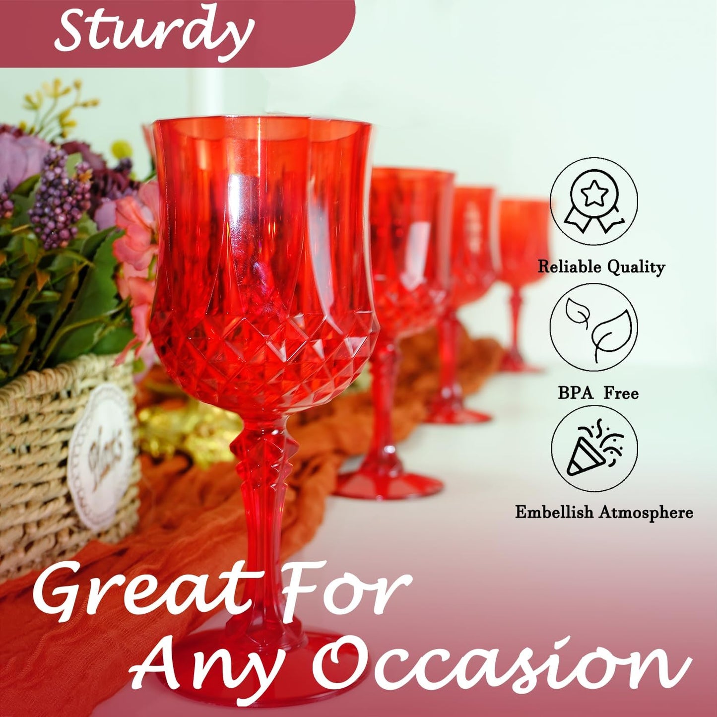 Plastic Wine Glasses，Plastic Goblets Vintage Style Cordial Drinking Glasses for Wedding Reception, Christmas Grand Event Party Supplies (48, Red)