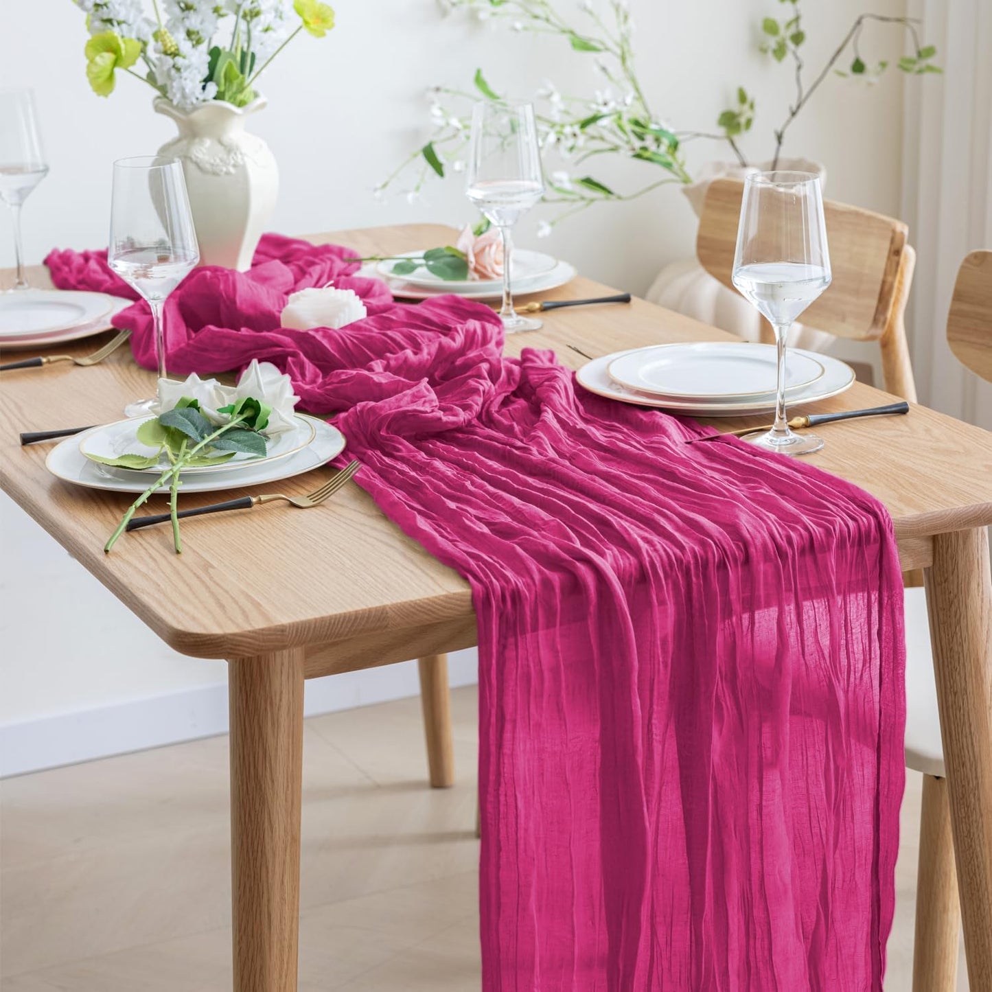 Asee'm 3pcs Cheesecloth Table Runner 120 Inches Long Fuchsia Boho Gauze Cheese Cloth Runner 10FT Rustic Sheer Table Runners for Christmas Wedding Party Baby Shower Spring Easter Decoration