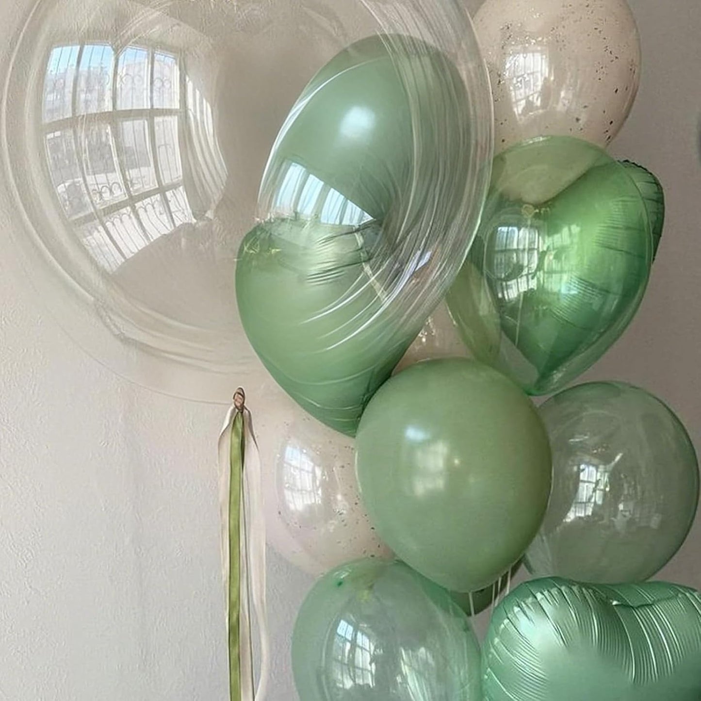 Sage Green White Heart Balloons,12Pcs 18 Inch Oliver Green Cream Foil Love Heart Shaped Balloons for Baby Shower Birthday Party Bridal Engagement Wedding Anniversary Valentines Day Decorations