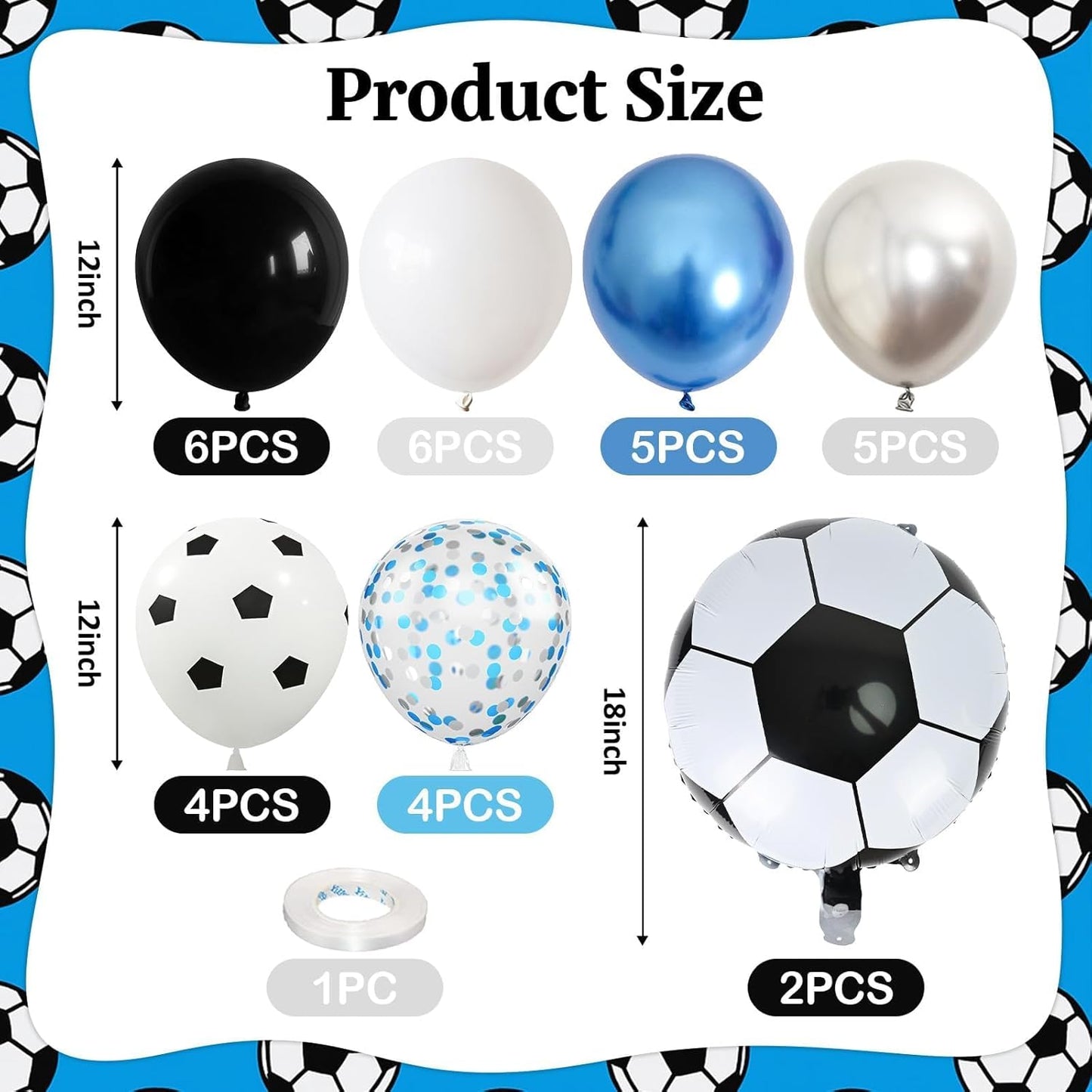 Soccer Balloons, Metallic Blue Silver Balloons with 18 Inch Soccer Ball Foil Print Balloon for Sport Theme Party Decorations, Chrome Silver Blue Confetti Balloon for Boys Men Birthday