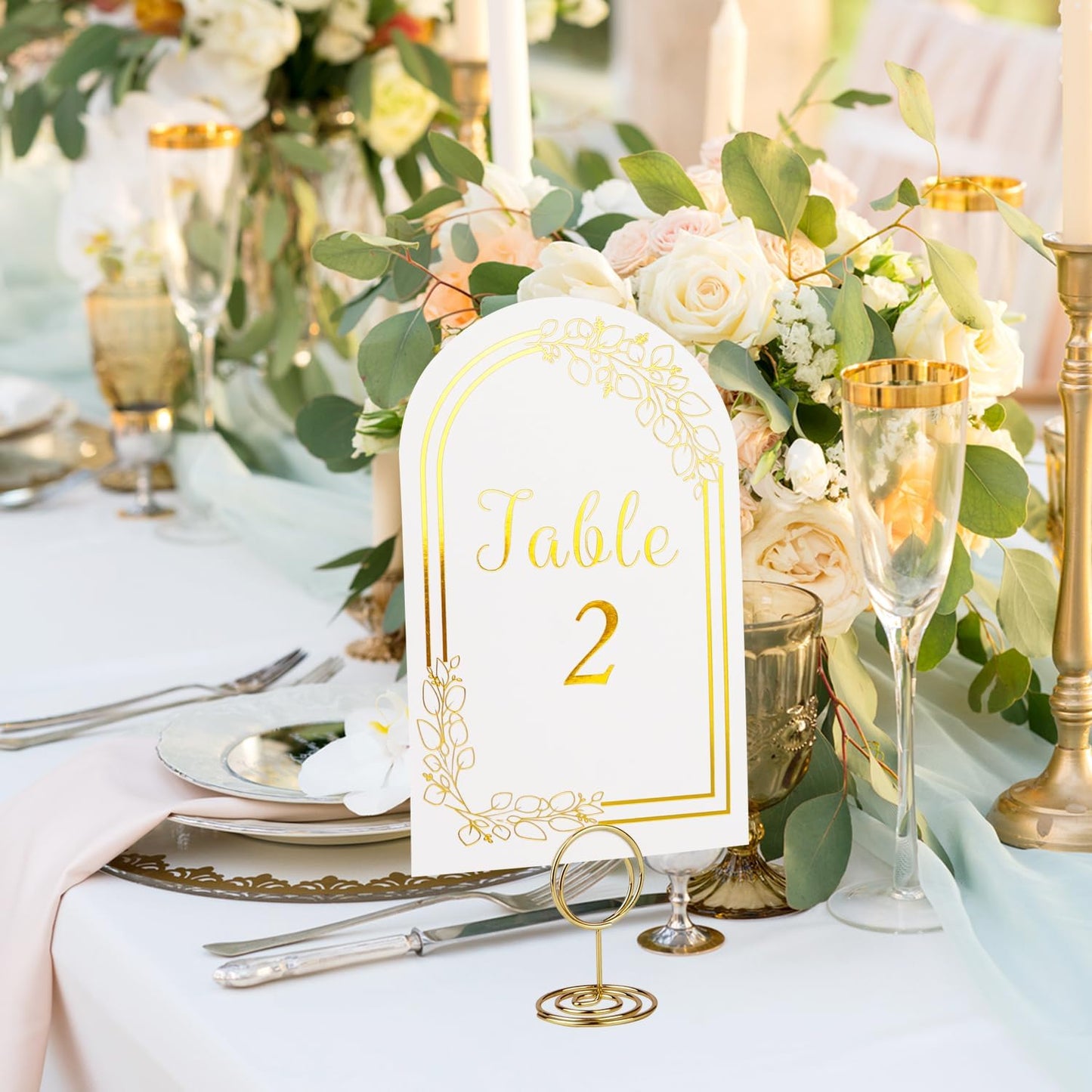 Wedding Table Numbers 1-30, 30 White Gold TableNumber Cards with 30 Gold Number Holders, 1 Set of 30 Table Numbers for Wedding Reception(Card and Holder)