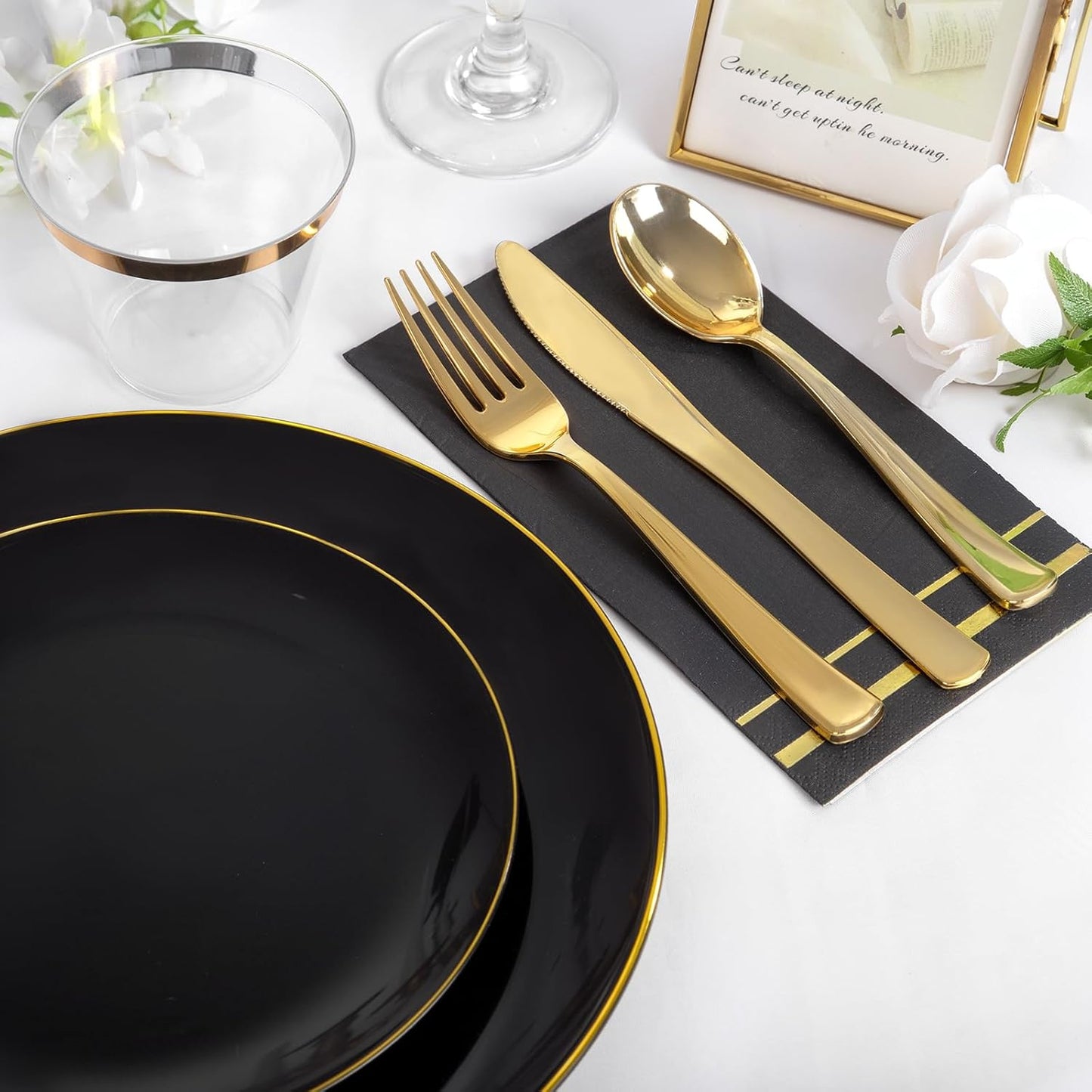 NOCCUR 350PCS Black and Gold Plastic Plates - Black Disposable Dinnerware Set for 50 Guests, 100 Dinner/Dessert Plates, 150 Gold Silverware, 50 Cups&50 Napkins for Party/Birthday/Halloween/NewYear