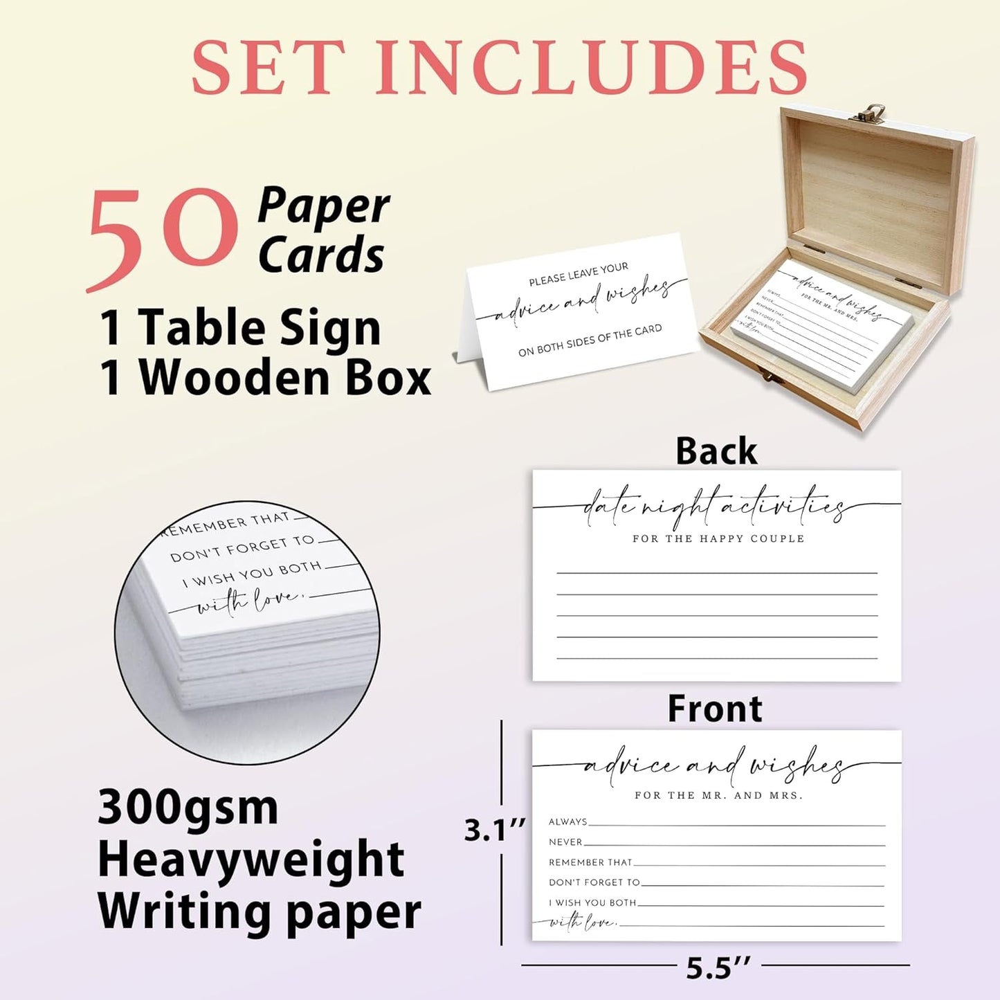 Minimalism Advice and Wishes for the Mr and Mrs - 50 Packs Wedding Advice Cards Bridal Shower Game Cards with Box Reception Guest Book for Bride Groom Newlywed Engagement Party Decoration -A03