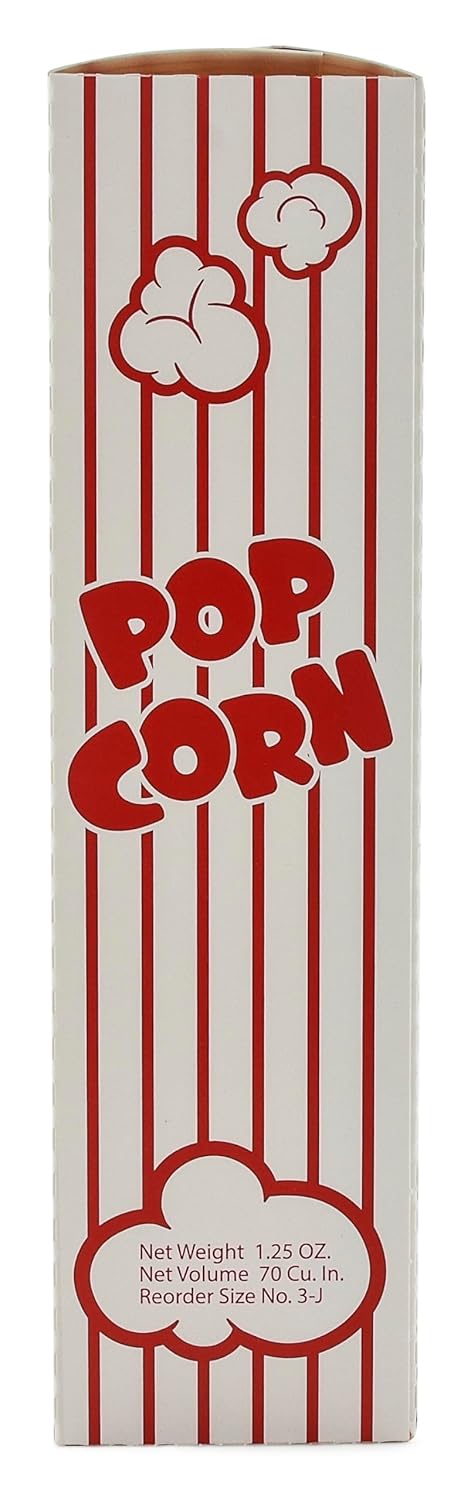 Snappy 3J Red & White Striped Close Top Popcorn Boxes for Movie Night Supplies, Popcorn Boxes Bulk 25 Count, Movie Night Popcorn Boxes 1.25 oz. Capacity, 4.625” x 2” x 7.5” Popcorn Containers