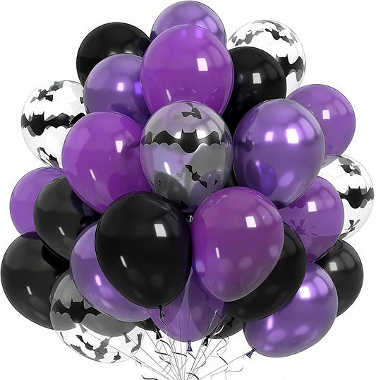 Halloween Balloons, 60PCS Purple and Black Balloons, Metallic Purple and Halloween Bat Printed Clear Balloon, Halloweens Latex Balloon for Boy Girl Birthday Party Decorations Indoor Outdoor
