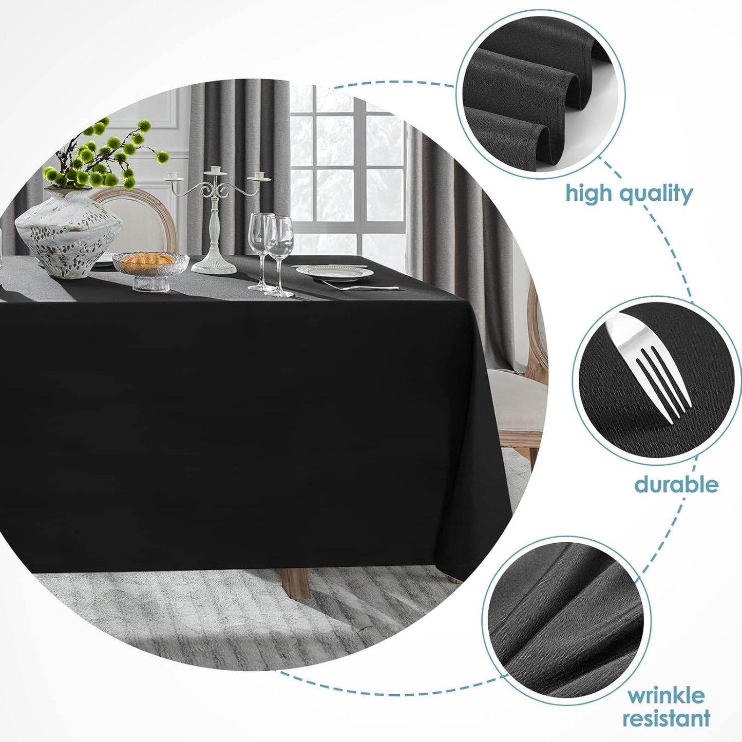 VidaFete Tablecloth 90 * 132inch Rectangle Table Cloth Polyester, Stain Wrinkle Resistant Polyester Dining Table Cover for Kitchen Dinning Party Wedding Rectangular Tabletop Buffet Decoration(Black)