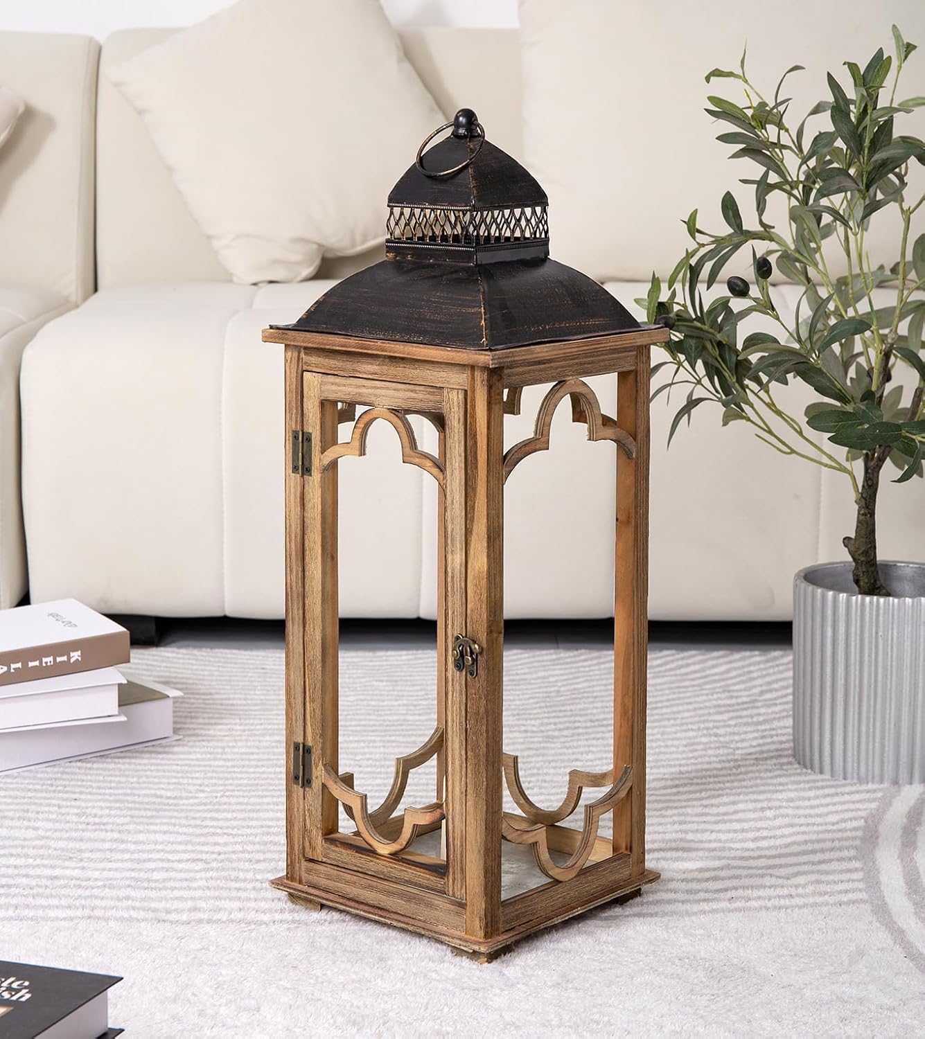 Large Farmhouse Decorative Wooden Lantern Set of 2, Rustic Brown Floor Lanterns, Indoor/Outdoor Hurricane Lanterns for Home Decor (No Glass)