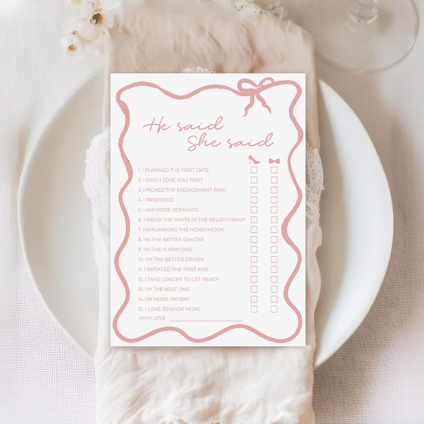 DEEKA 30 PCS Bridal Shower Games Card for 30 Guests White Pink Wavy Border Ribbon Bow Funny Wedding Bachelorette Party Games for Reception (He Said She Said)