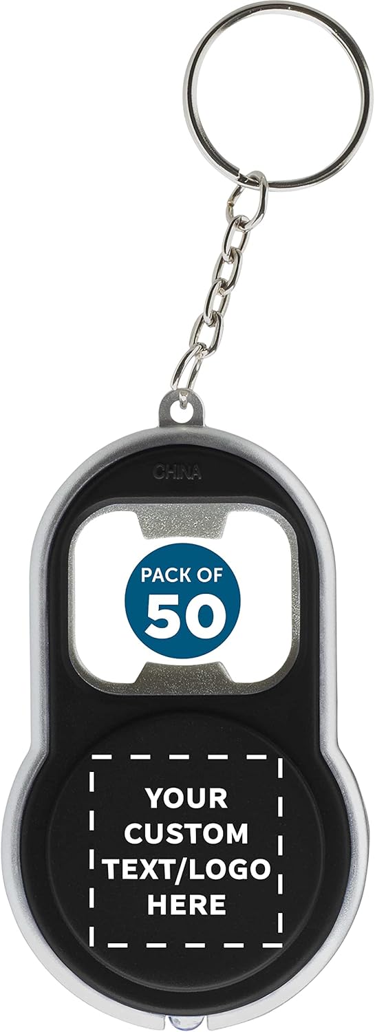 DISCOUNT PROMOS Custom Bottle Opener & LED Keychains Set of 50, Personalized Bulk Pack - Perfect for Tradeshows, Party Favors, Other Events - Black