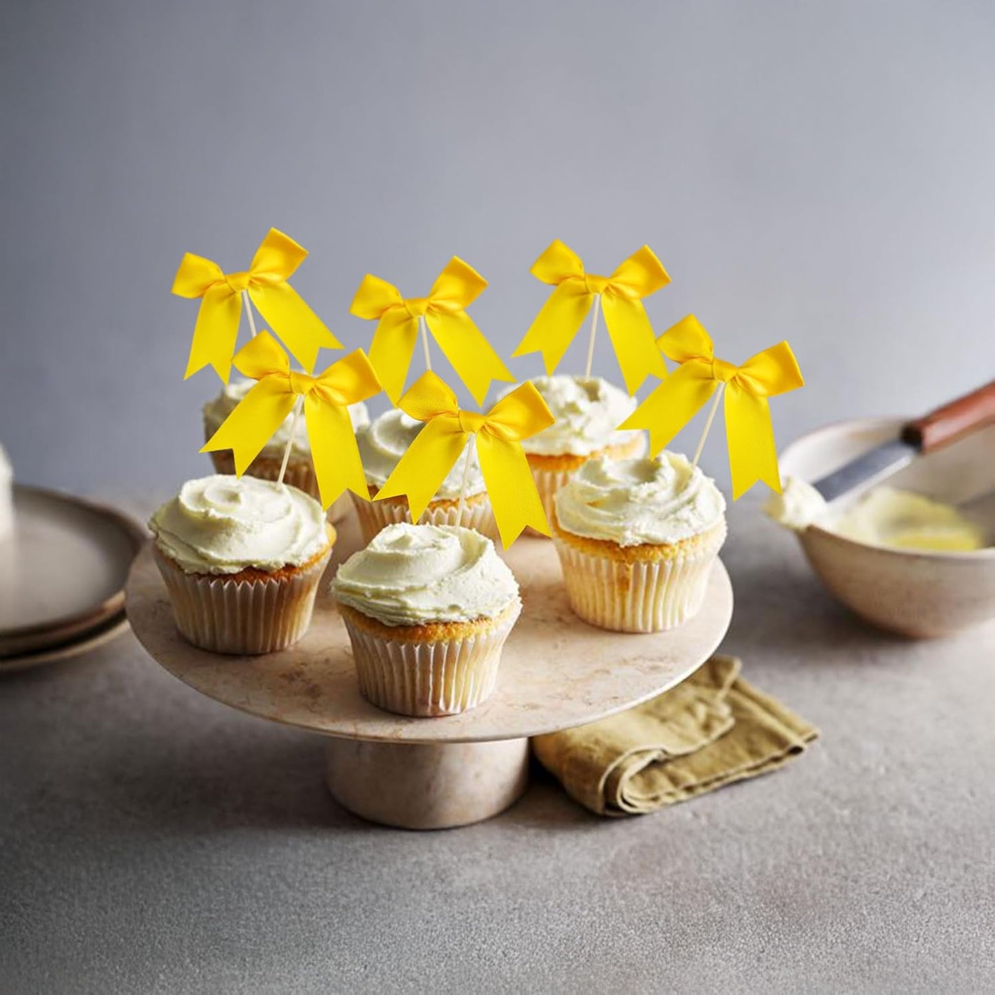 Ephlyn 24Pcs Yellow Bow Cupcake Toppers Bow Cake Topper Birthday Decorations Mini Bowknot Cupcake Picks for Coquette Theme Party Decoration Bachelorette Bridal Engagement Wedding Party Yellow