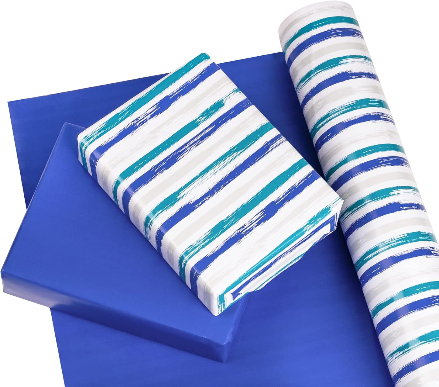 WRAPAHOLIC 30 Inch Reversible Wrapping Paper Roll - 30 Inch X 100 Feet Jumbo Roll Blue Navy and Grey Lines Print for Birthday, Holiday, Wedding, Baby Shower and More Occasions