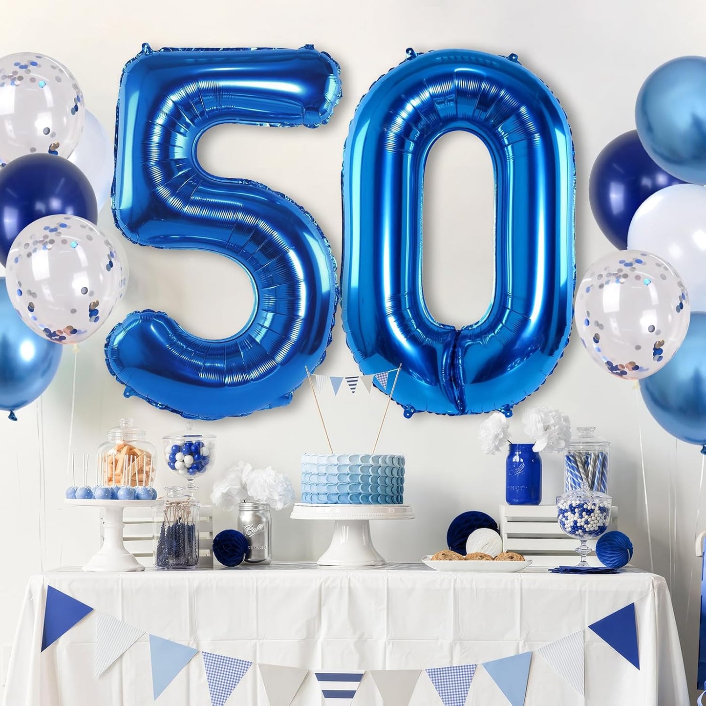 50th Birthday Balloon for Boys, Foil 40 Inch Self Inflating Balloon Number 50 Metallic Dark Blue, Navy Blue 50 Mylar Large Balloon with Silver Confetti Latex Balloon for Men Birthday Party Decorations