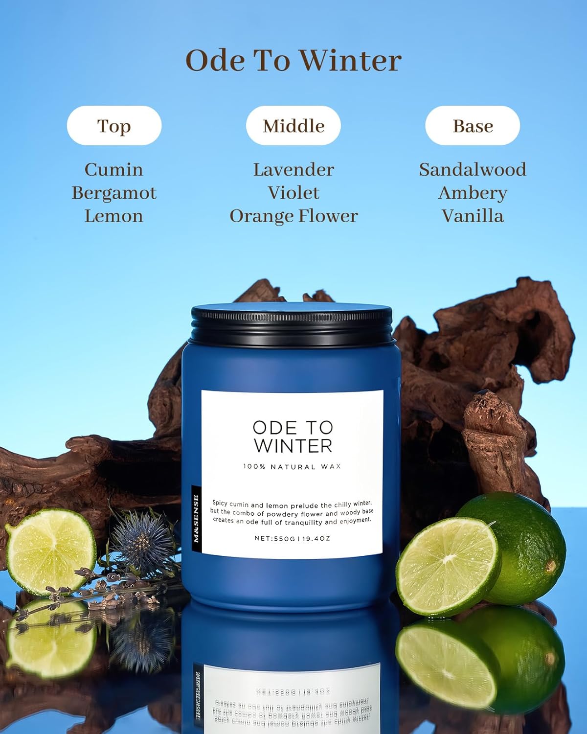 M&SENSE Ode to Winter - Lavender Sandalwood Strong Scented Candle, 19.4oz 110 Hour Clean Non Toxic Long Lasting Organic Natural Soy Wax Winter Candle Gifts for Bedroom Bathroom Home Decor
