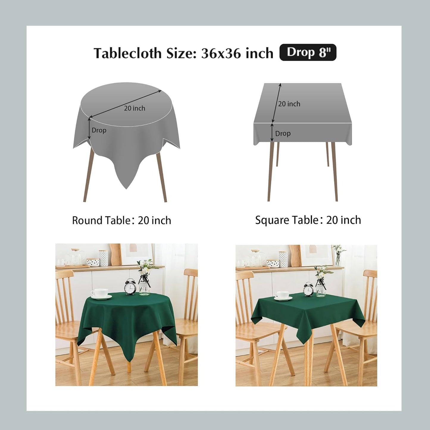 2 Pack Small Square Green Tablecloth 36X36 Inch, Polyester, Washable, Scratch Resistant, Stain Resistant
