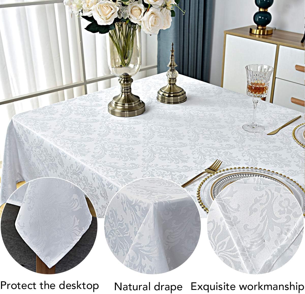 Rectangle Table Cloth - 52 x 70 Inch White Jacquard Tablecloths Damask Design Spillproof Wrinkle Resistant Shrinkproof Soft Tablecloth Polyester Oblong Table Cover for Kitchen Dinning Party Tabletop