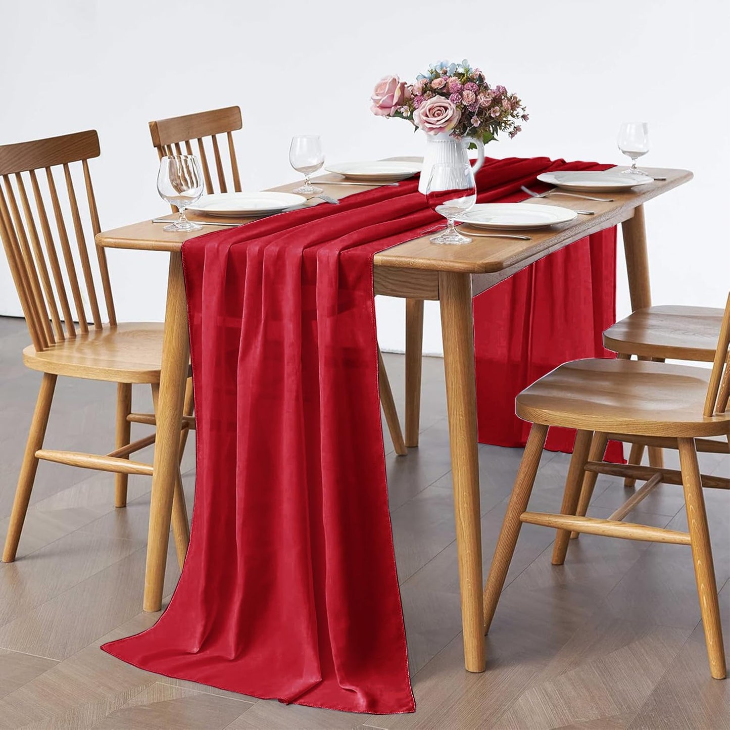 5 Pack 10Ft Red Chiffon Table Runner Sheer 29x120 Inch for Romantic Wedding Decor Bridal & Baby Shower Birthday Rustic Party Decoration