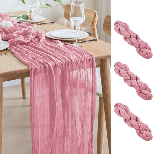 Asee'm 3pcs Cheesecloth Table Runner 120 Inches Long Pink Boho Gauze Cheese Cloth Runner 10FT Rustic Sheer Table Runners for Christmas Wedding Party Baby Shower Spring Easter Decoration