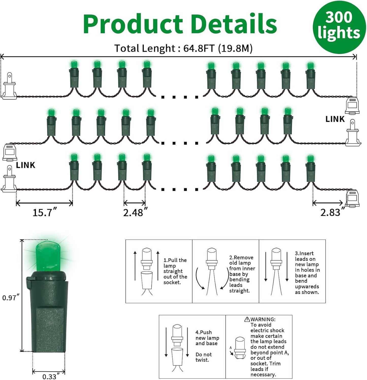 Green Wide Angle LED Christmas Lights, 64.8 Ft 300 Count, Pack of 3 Strands 21.9 Ft 100 Lights UL Certified Commercial Grade Green Wire 5mm Holiday String Light