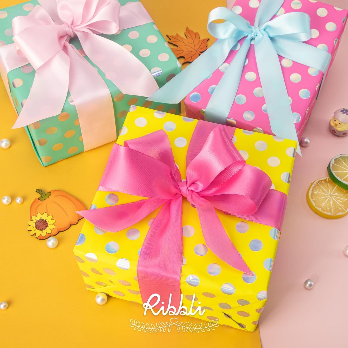 Ribbli Birthday Polka Dots Wrapping Paper Mini Roll, 3 Rolls Fluorescent Pink Aqua Yellow with Iridescent Foil Wrapping Paper for Kids Baby Shower - 17 inch x 120 inch(10feet) Per Roll