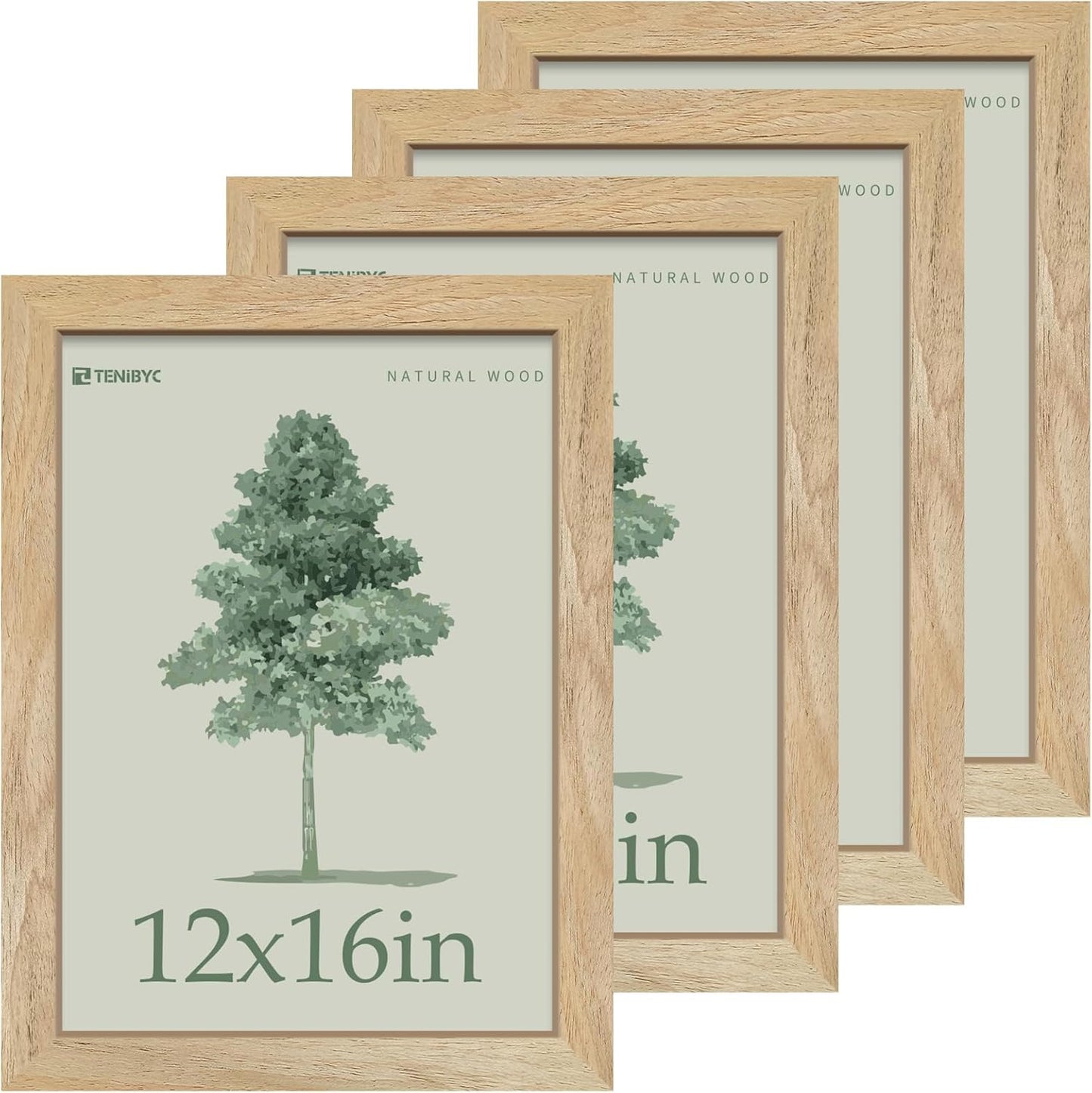 12x16 Picture Frame Set - 4 Pack, Natural Woodgrain, HD Tempered Glass, Wall Gallery Photo Frame