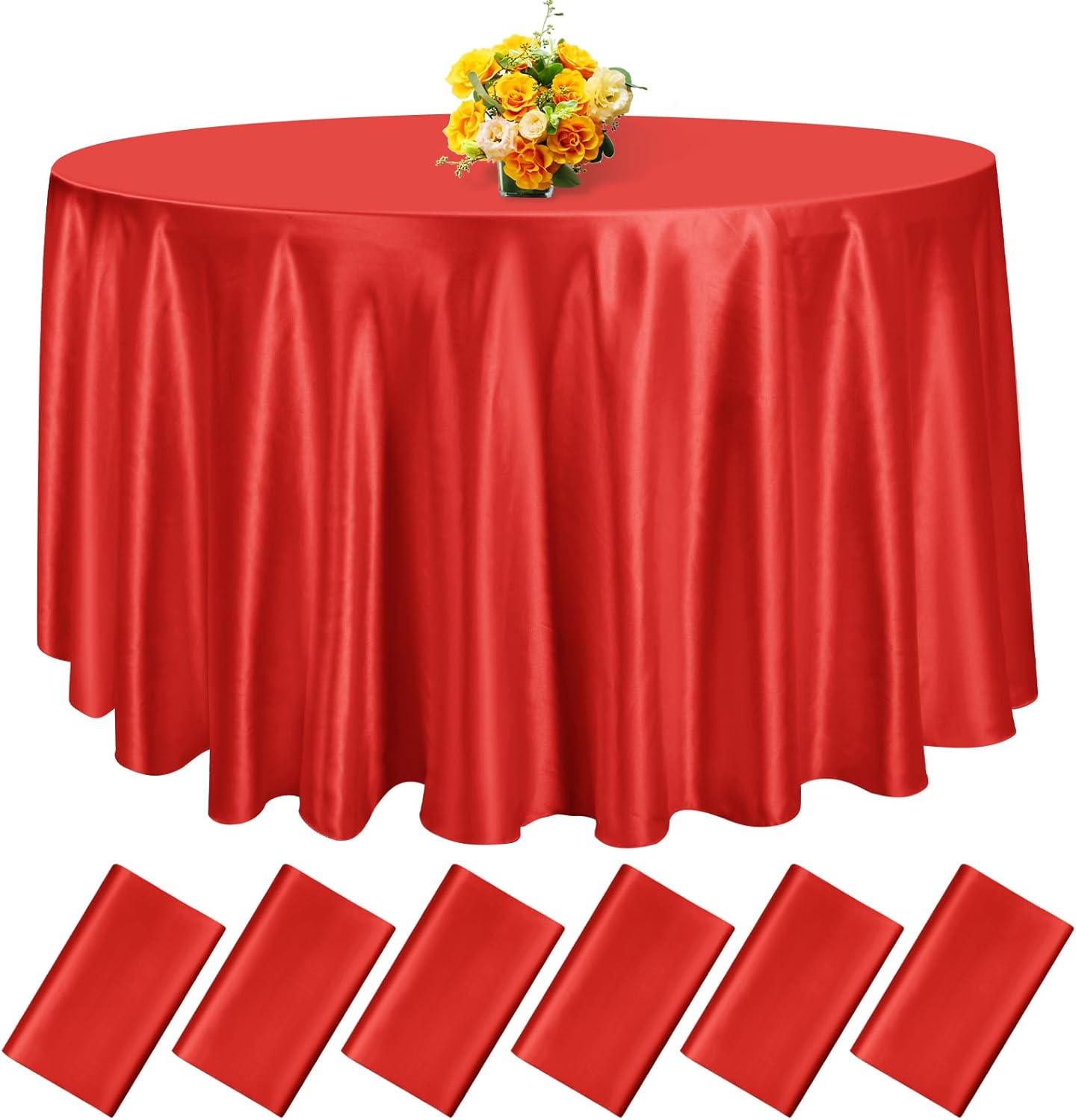 fani 6 Pack 108 Inch Red Satin Tablecloth - Premium Bright Silky Round Tablecloth Overlay Smooth Fabric Table Cover, Table Decoration for Wedding Party Banquet Events Restaurant Kitchen Dining