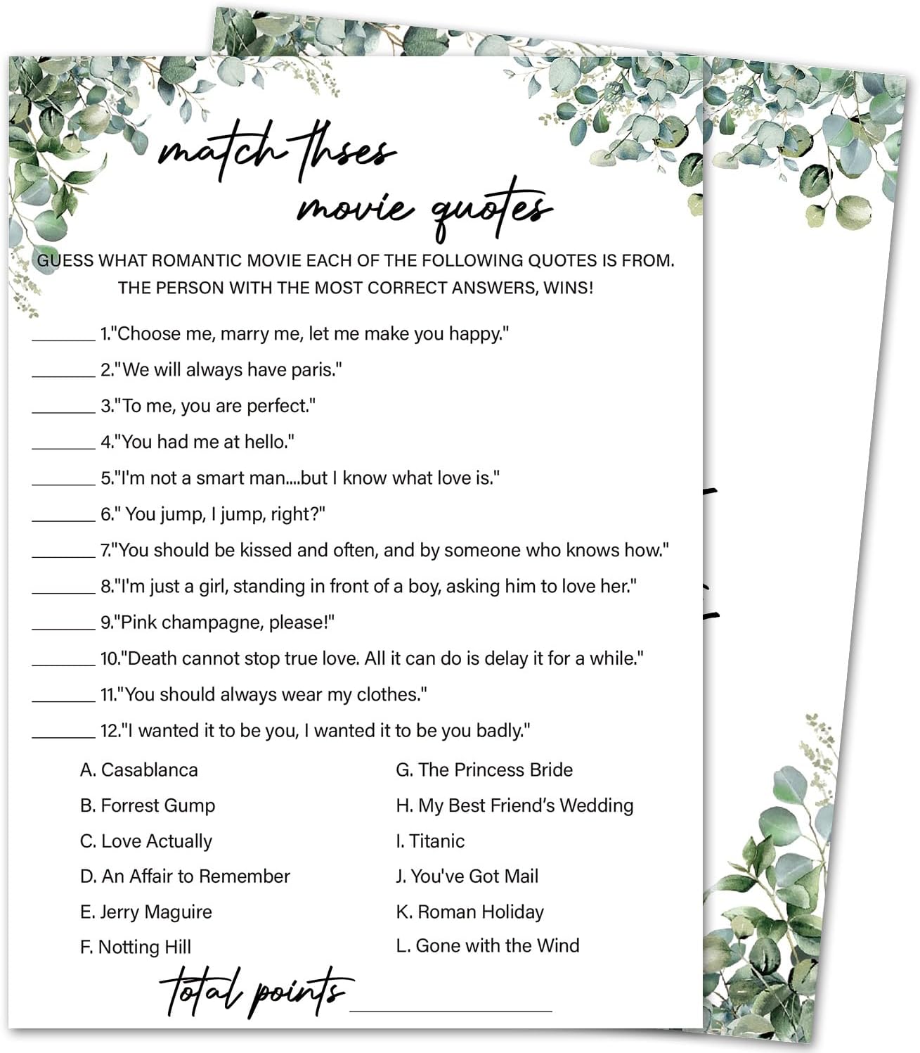 Eucalyptus Bridal Shower Game Cards - Match These Movie Quotes, Wedding Engagement Bachelorette Party Games for 30 Guests, 30 Double Sided Cards with 1 Answer Card, Activity Supplies & Favor/A10