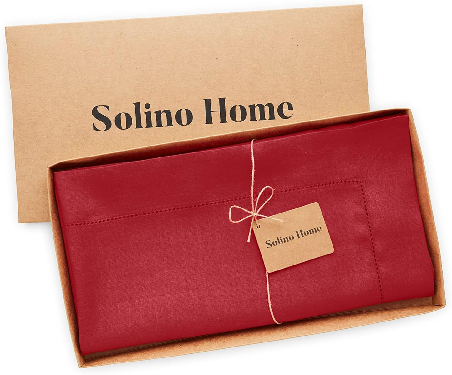 Solino Home Red Linen Tablecloth 52 x 52 Inch - 100% Pure Linen Square Table Throw - Classic Hemstitch, Machine Washable Table Cloth for Christmas