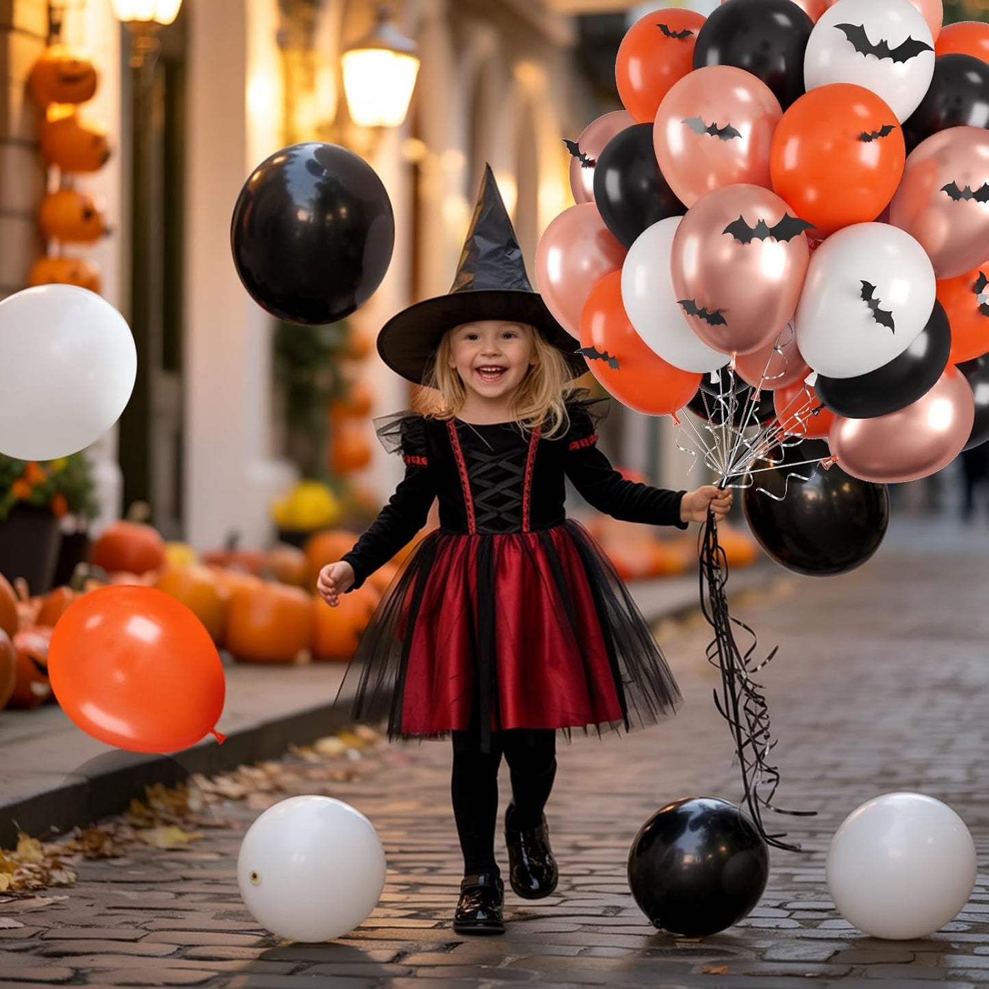 Halloween Balloons, 60PCS Black Orange Balloons, Black Orange White Rose Gold Balloon with 4 Different Sizes 3D bats Stickers for Halloween Masquerade Haunted House Themed Birthday Party Decorations