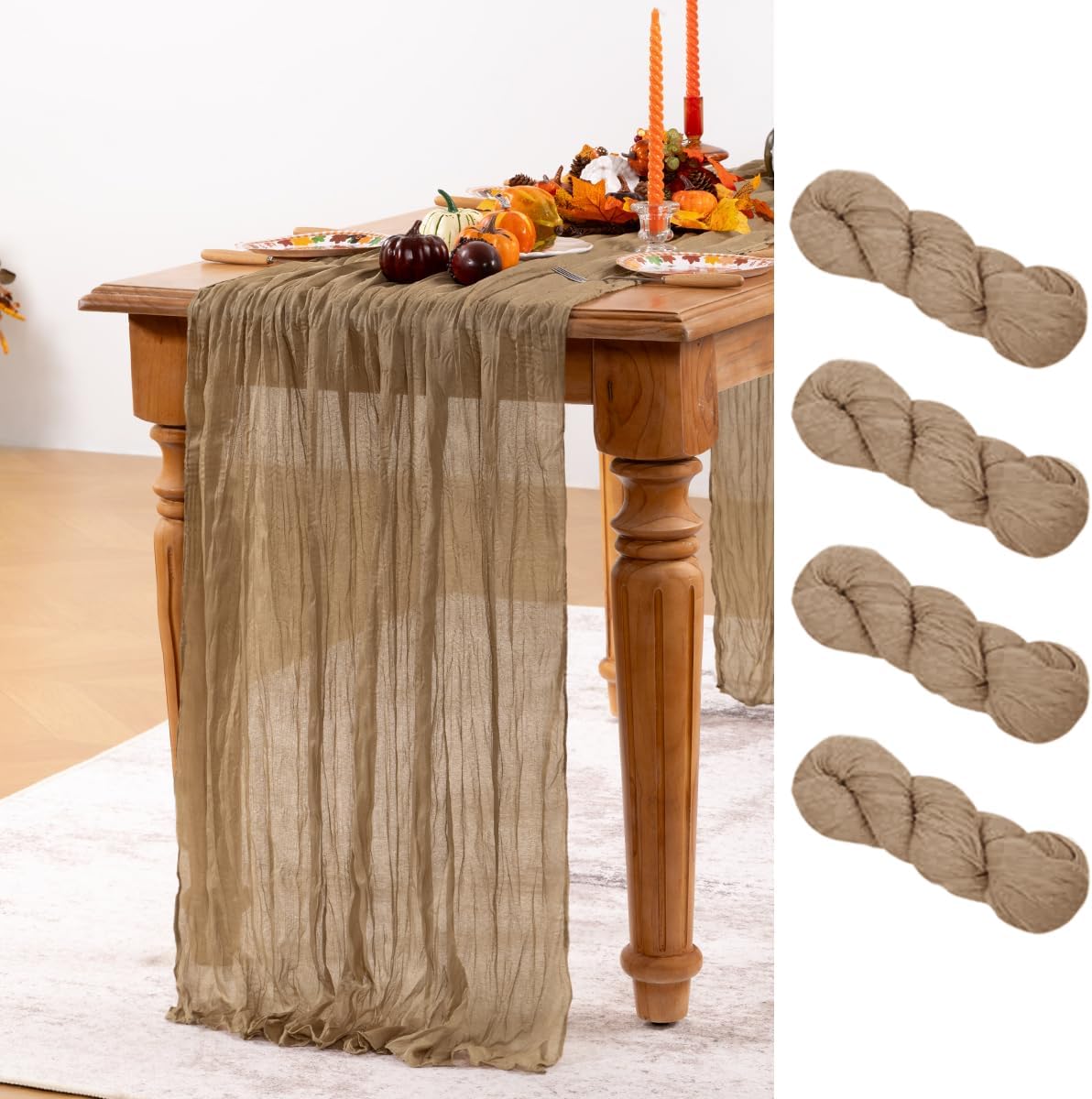 Nude Cheesecloth Table Runner 4 Pack Fall Table Runners Boho Gauze 120 Inches Coffee Cheese Cloth Fall Table Decorations for Thanksgiving Wedding Bridal Baby Shower Tea Party Decor