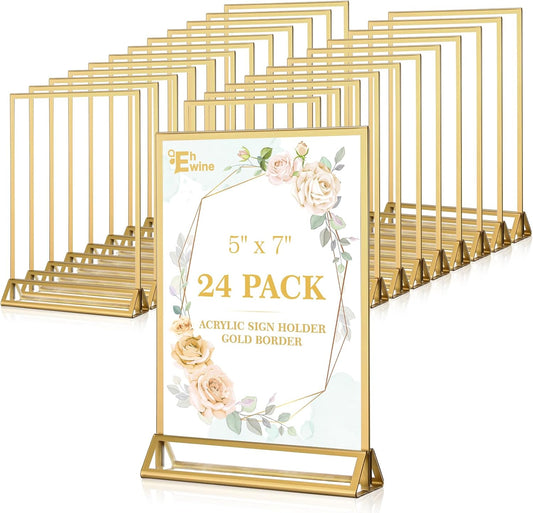 EHWINE 24 Pack Acrylic Sign Holder 5 x 7, Double Sided Gold Picture Frame Stand up Table Top Sign Holders, Clear Display Stand Menu Flyer Holder for Wedding Party